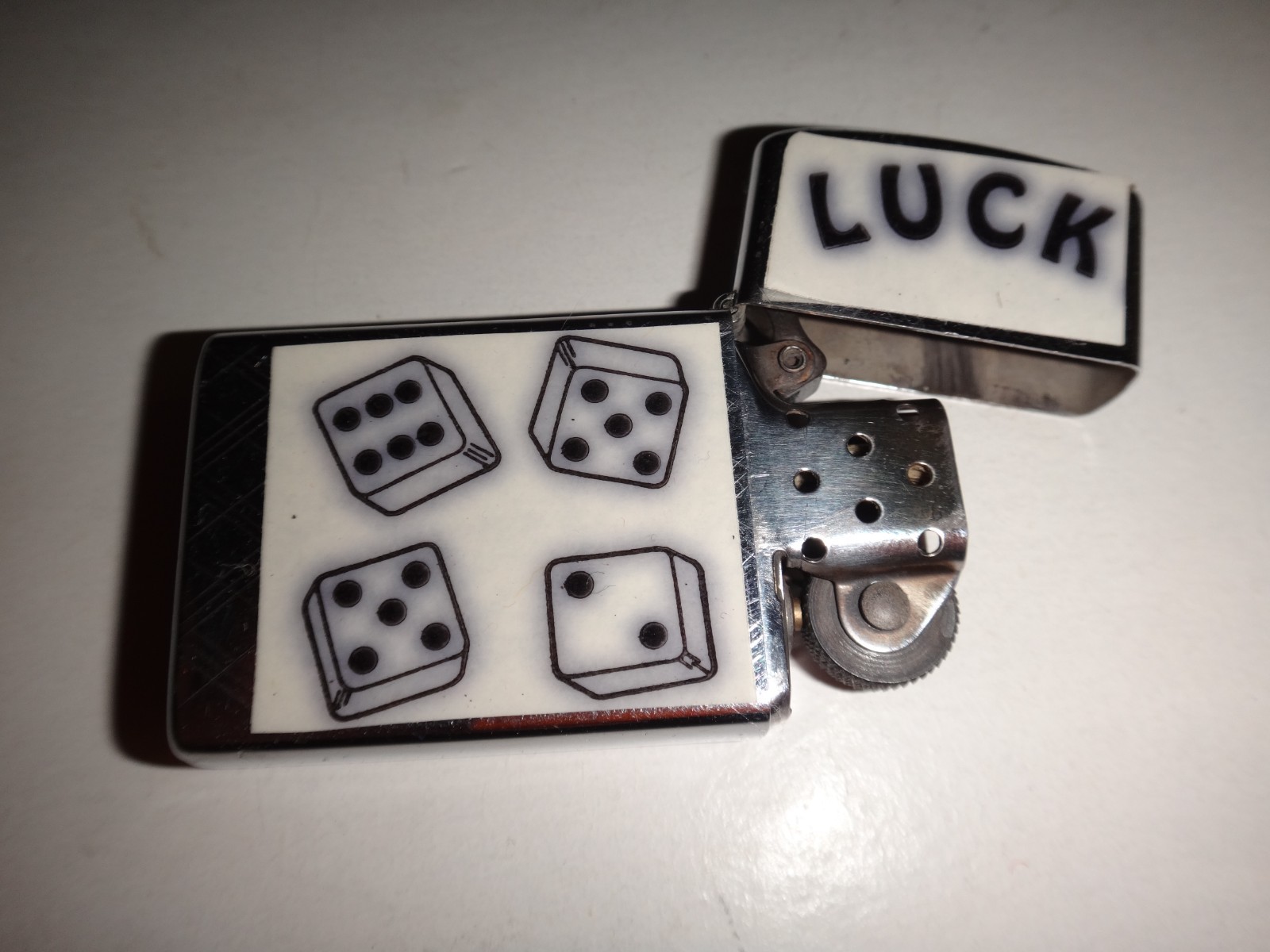 Vintage Year 1972 Zippo Slim Lighter with LUCK and 4 DICES Sticker
