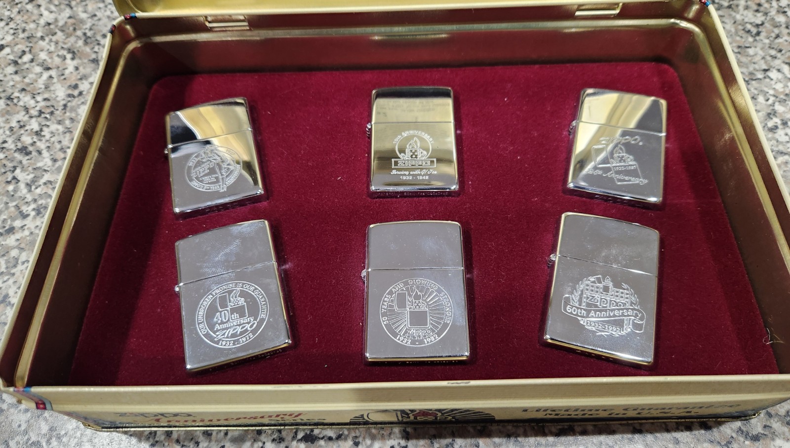 Zippo 60th Anniversary Collection Set 1932-1992 6 Lighters Tin Pins Guides