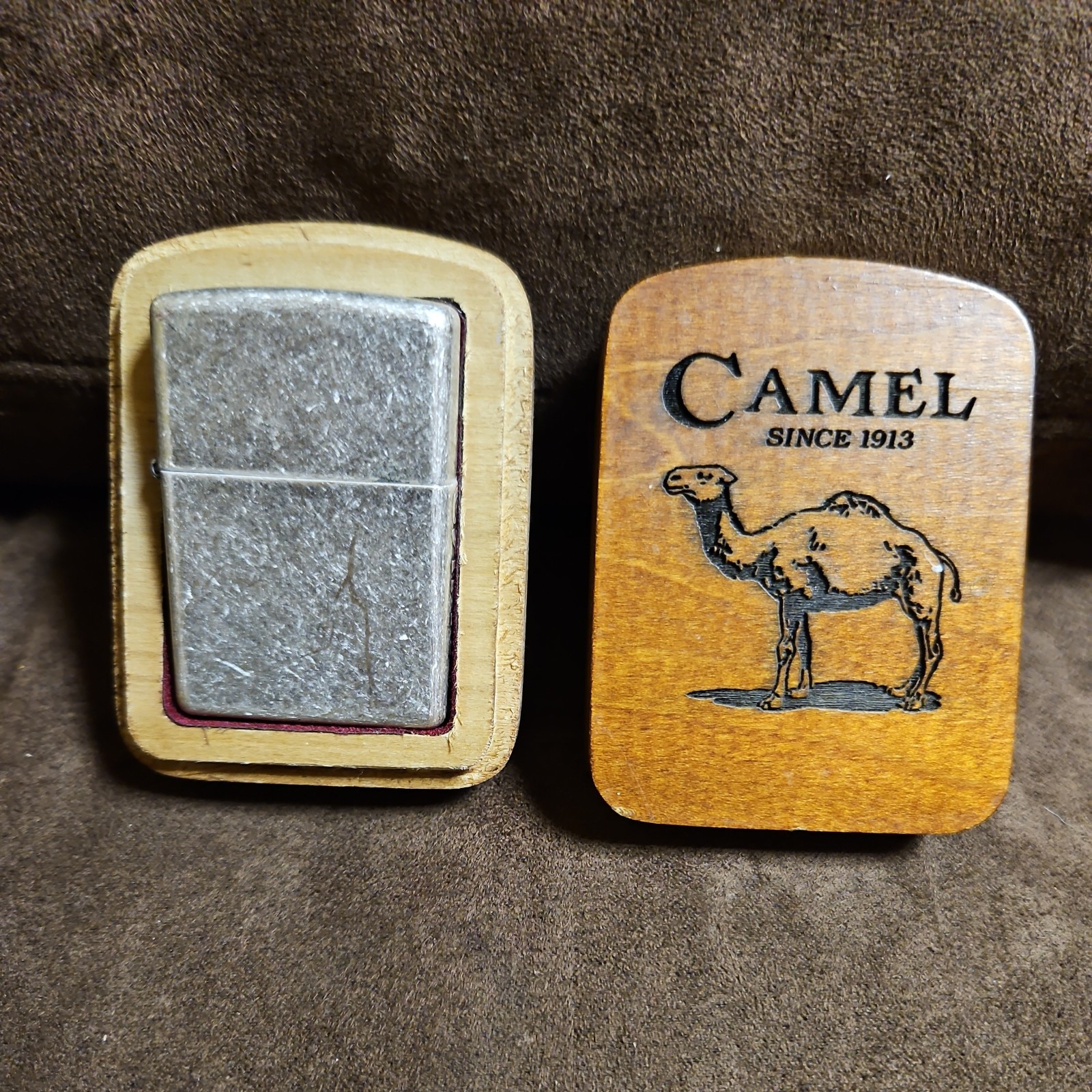 1998 Zippo Lighter Camel Antique Silverplate Finish Sticker Sealed In Wood Case