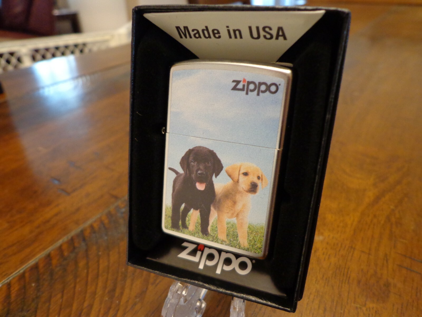 BLACK LAB YELLOW LAB PUPPIES LABRADOR DOG SATIN CHROME ZIPPO LIGHTER MINT IN BOX