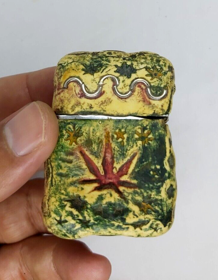 Ancient African Zippo Lighter With Bone Case Decorated Enamel Brass & Seashell