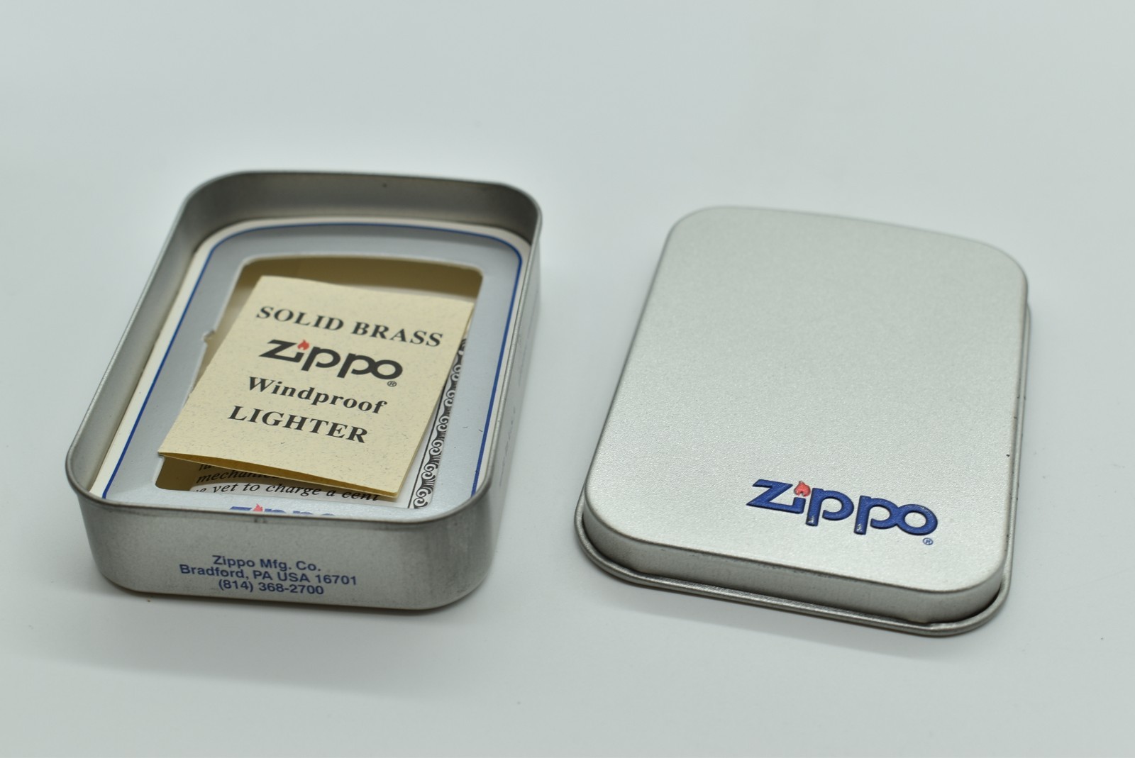 Zippo – SOLID BRASS LIGHTER LOGO, 1990, NEW, Never Fired, Niagara Falls Insert