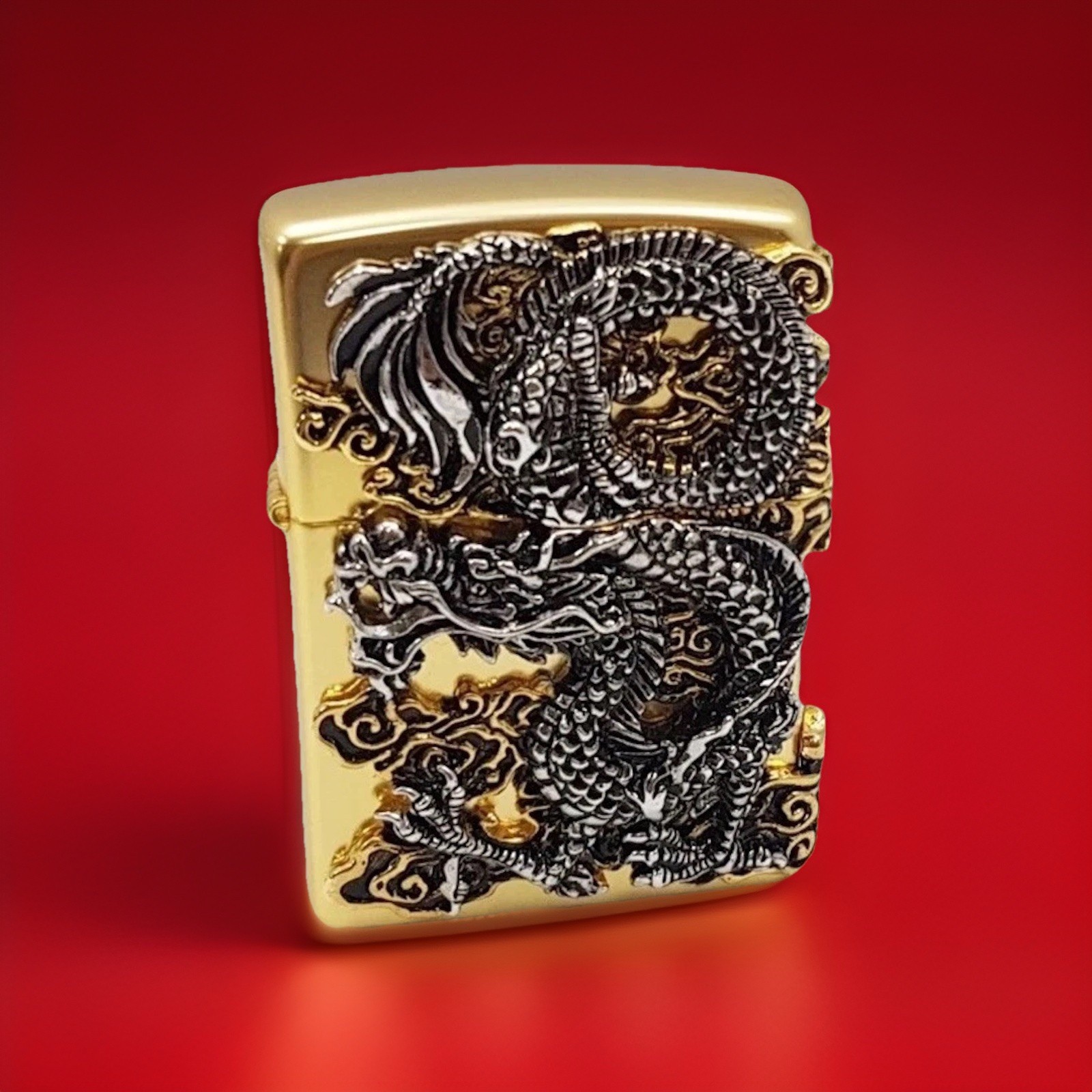 HEAVY ZIPPO Bi-Metal Gold Plated 3D Dragon Lighter New In Luxury Gift Box