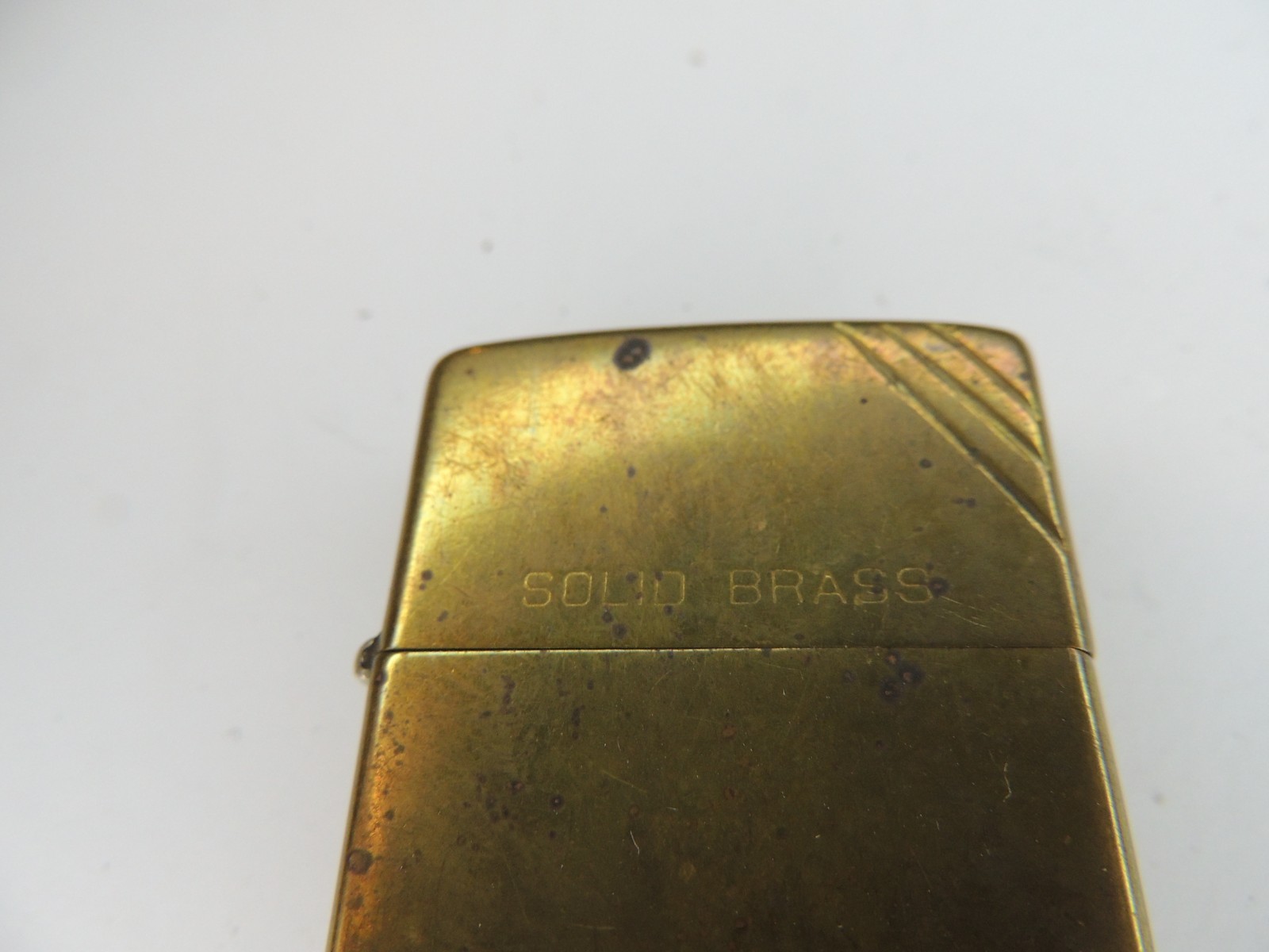 Vtg Diagonal Lines Zippo Flip Top Lighter Solid Brass Made In USA Repro As Is