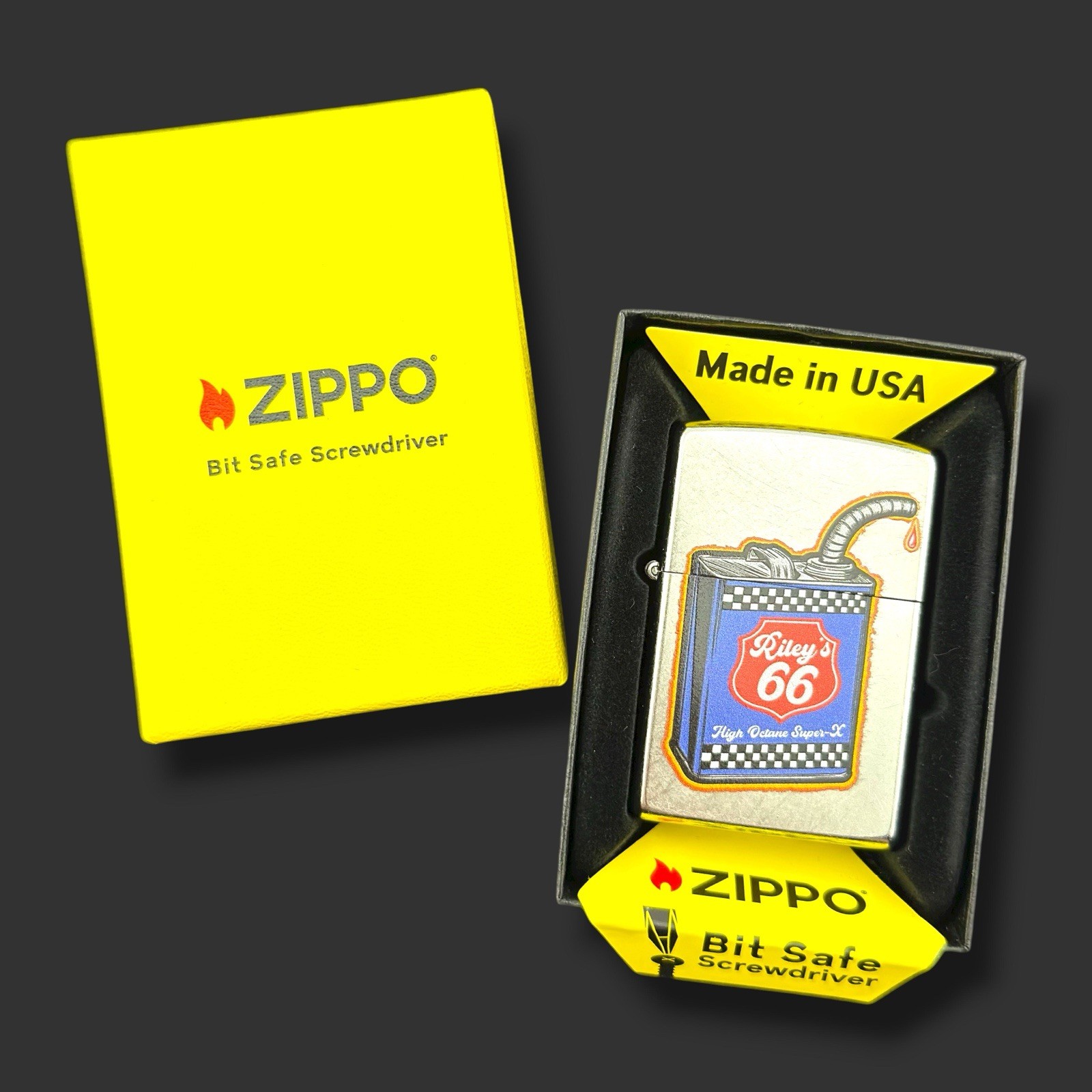 Original Riley’s 66 Zippo – Gas Can – USA Bit Safe Insert – Street Chrome