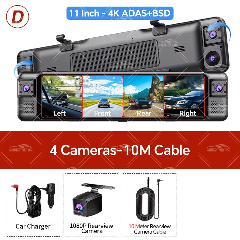 4CH 11 Inch 4K+1K+1K+1K Rearview Mirror 360° Dash Cam ADAS BSD WiFi Night Vision