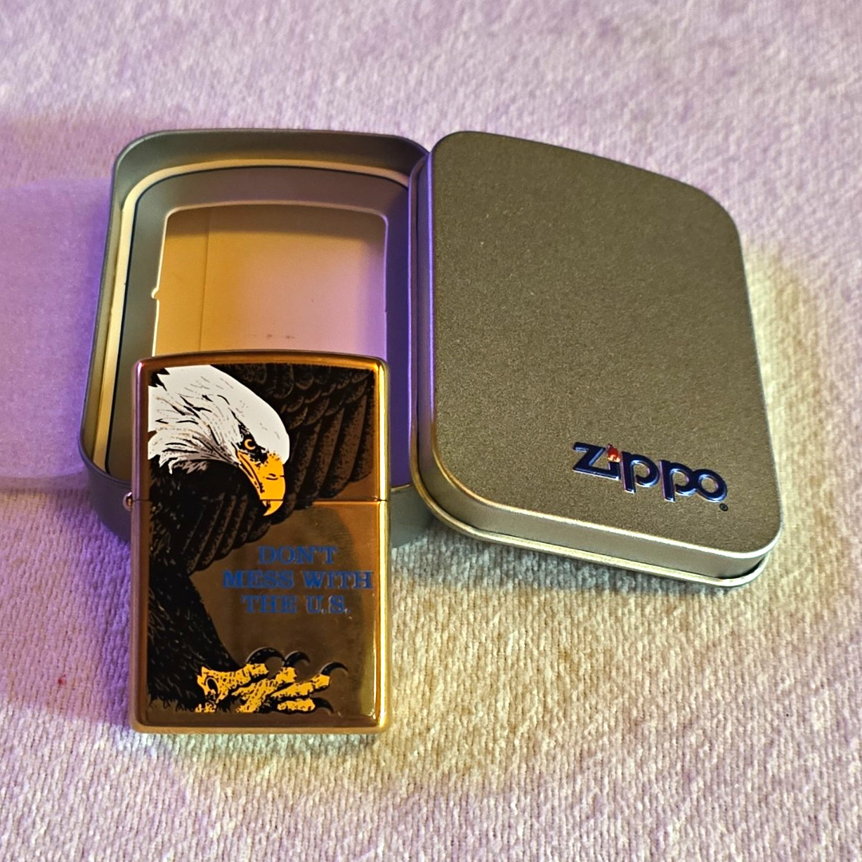Zippo Brass Tone Lighter Bald Eagle “Don’t Mess With The U.S.” Patriotic