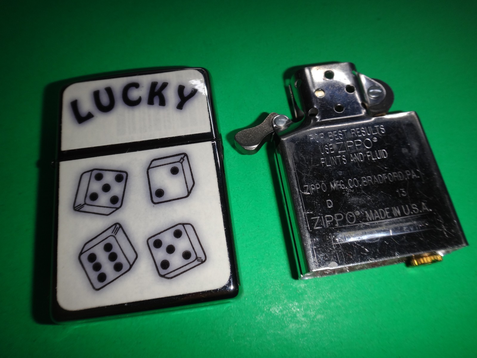 Year 2013 Polished Chrome Zippo Lighter LUCKY and 4 DICES Sticker