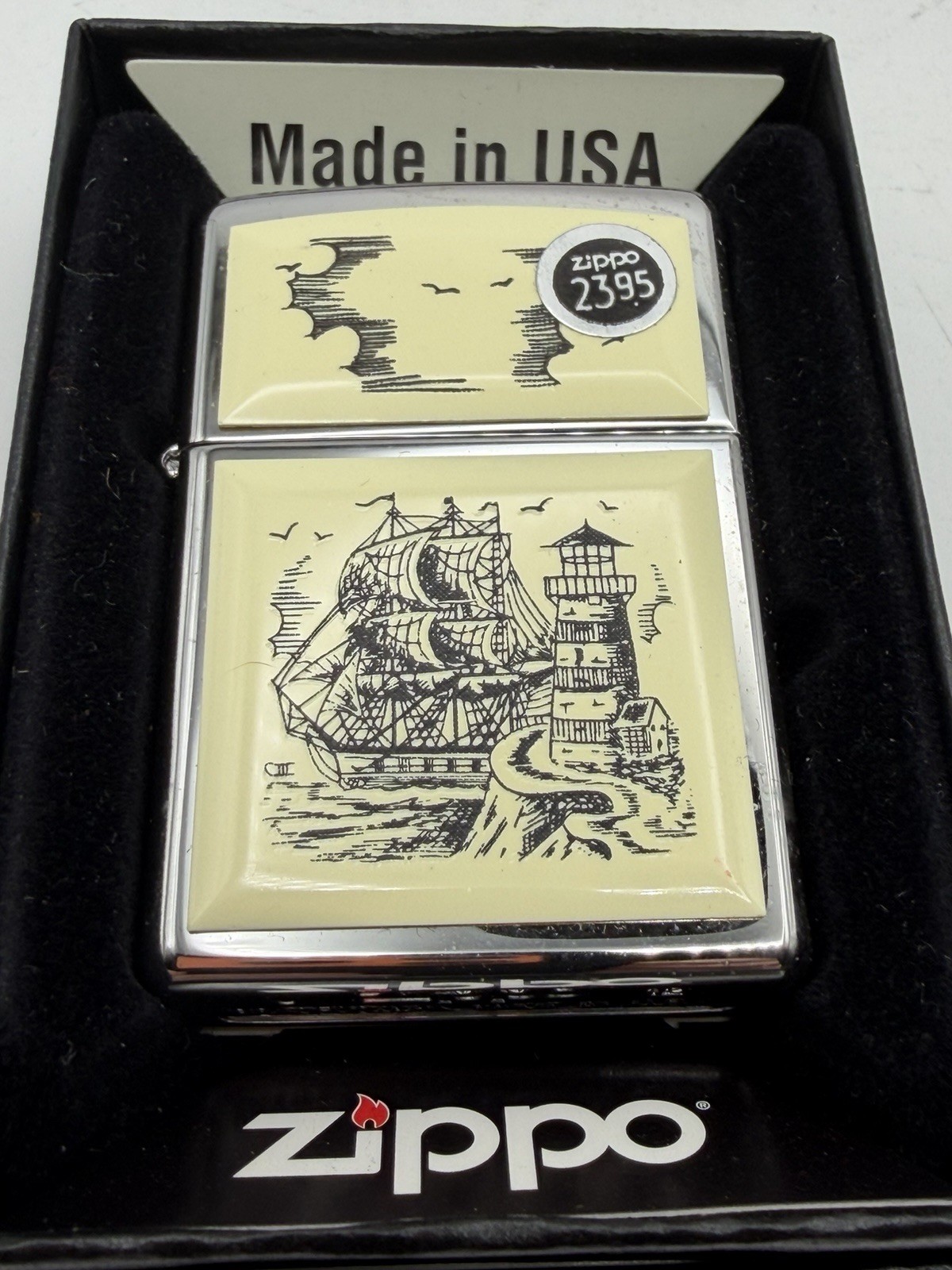 Vintage 2012 Scrimshaw Ship & Lighthouse Chrome Zippo Lighter New B33