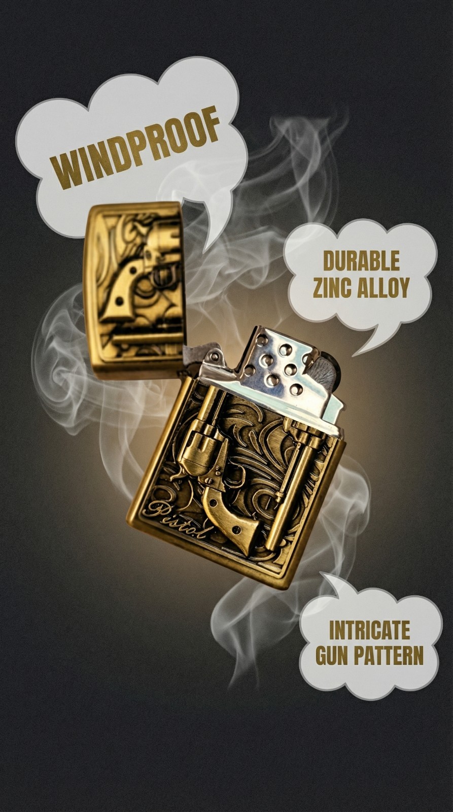 Single-Sided Brass Gun Pattern Windproof Smoking Accessory.