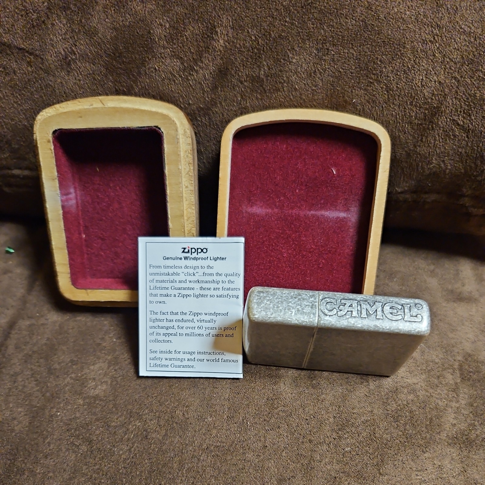 1998 Zippo Lighter Camel Antique Silverplate Finish Sticker Sealed In Wood Case