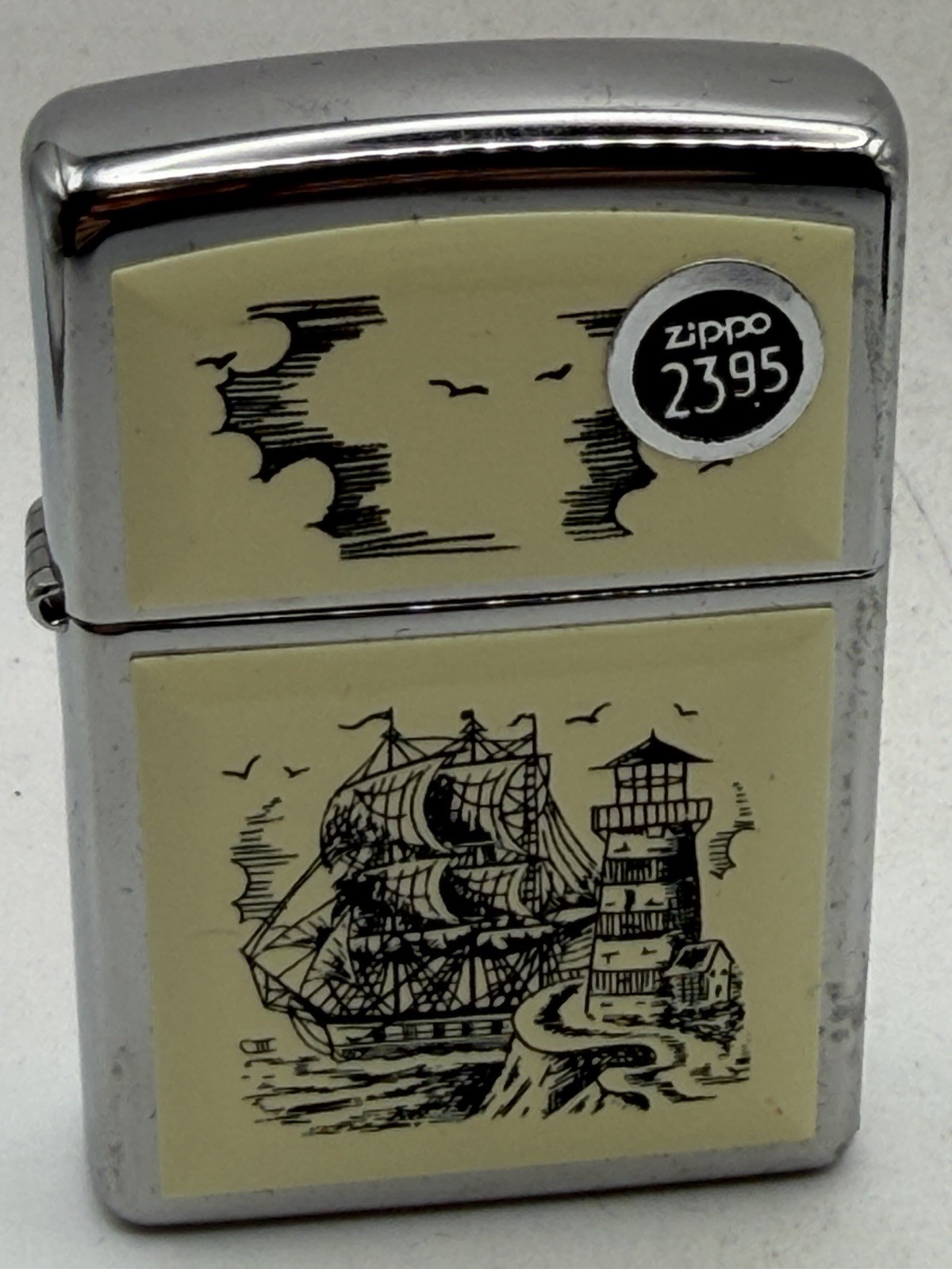 Vintage 2012 Scrimshaw Ship & Lighthouse Chrome Zippo Lighter New B33