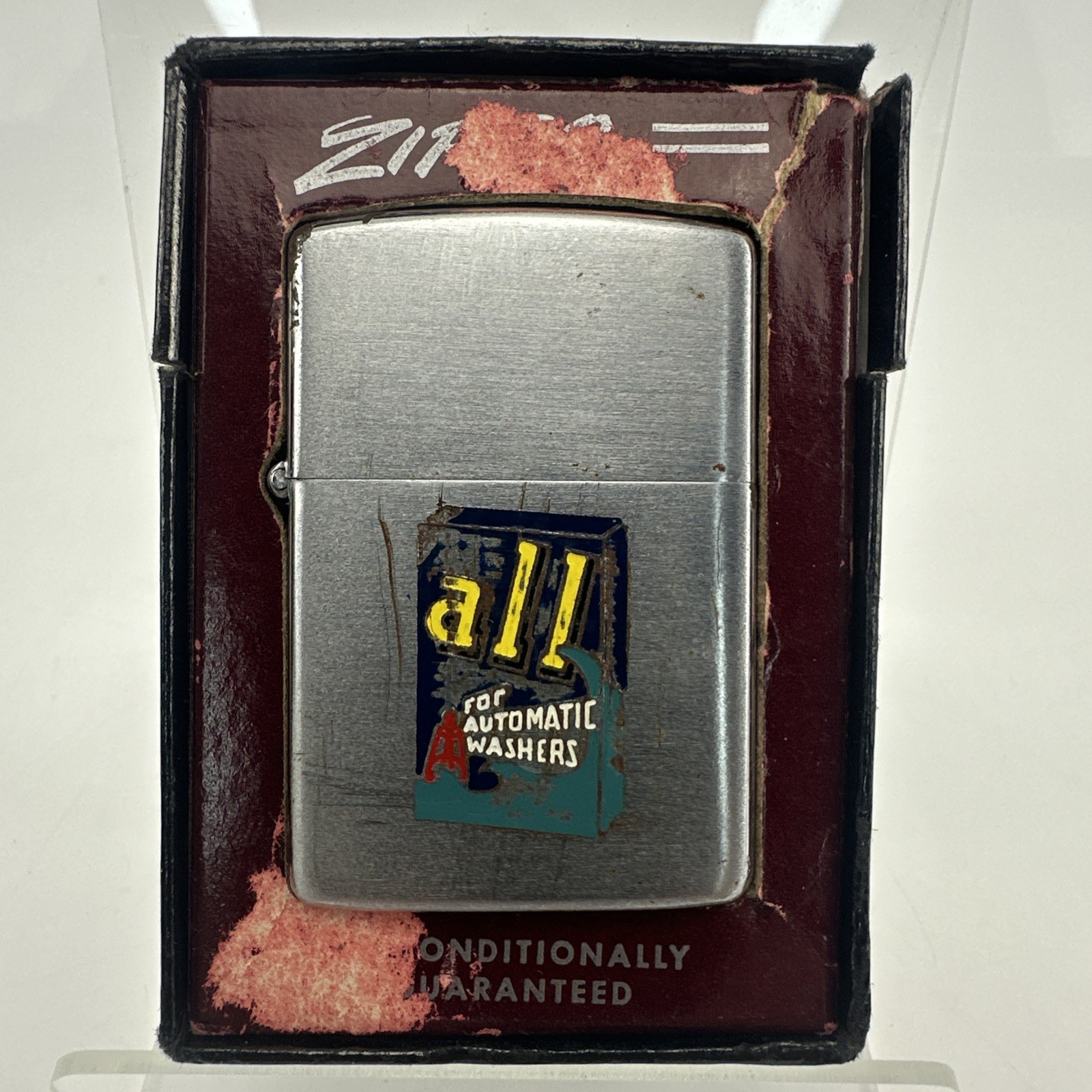 Zippo c.1950- c.1957 Pat. Pend. ALL Detergent Advertising Lighter W/Partial Box