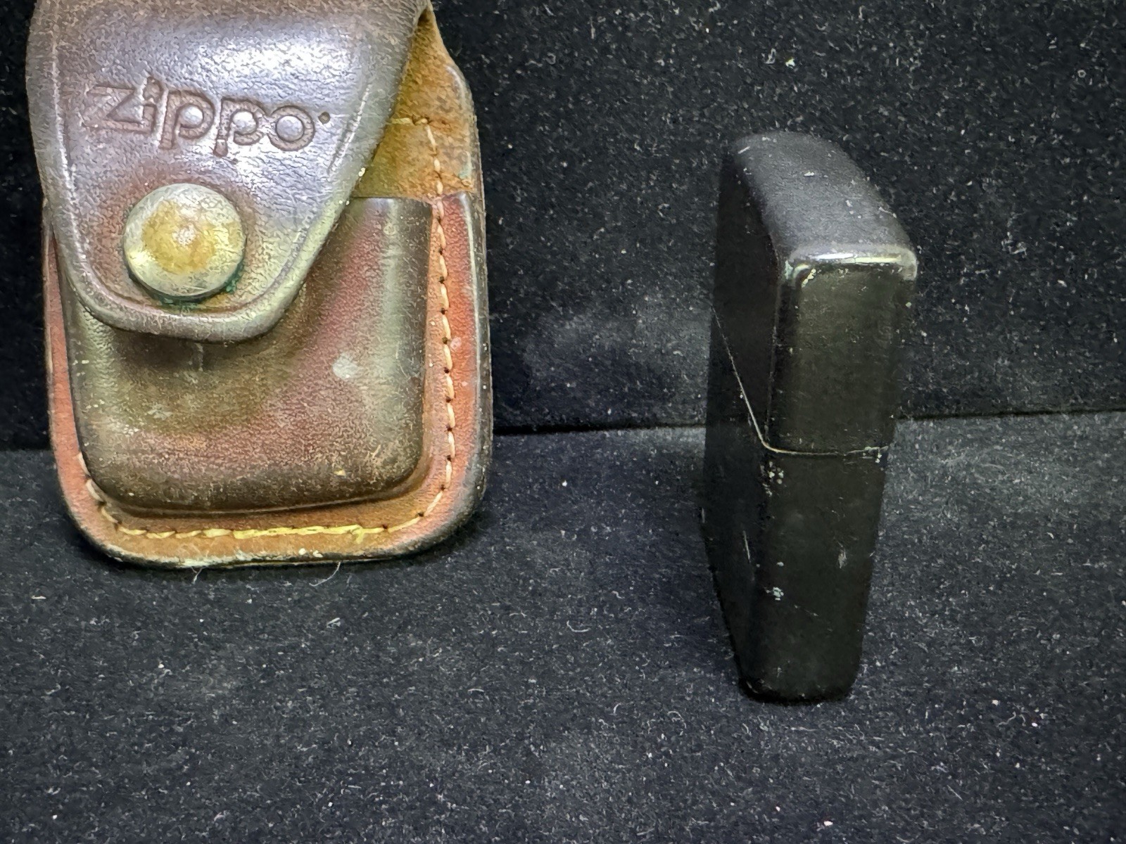 Zippo vintage Lighter K XII Black with brown leather belt holder USA tobacco