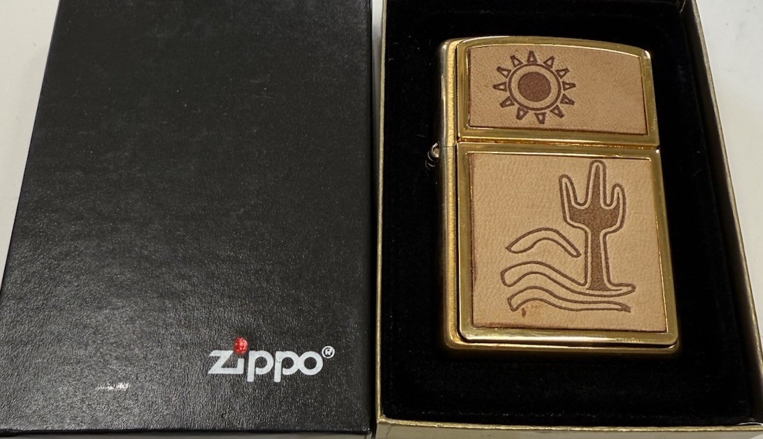 ZIPPO 2002 HIGH NOON CACTUS & MOON LEATHER EMBLEM LIGHTER SEALED IN BOX 144