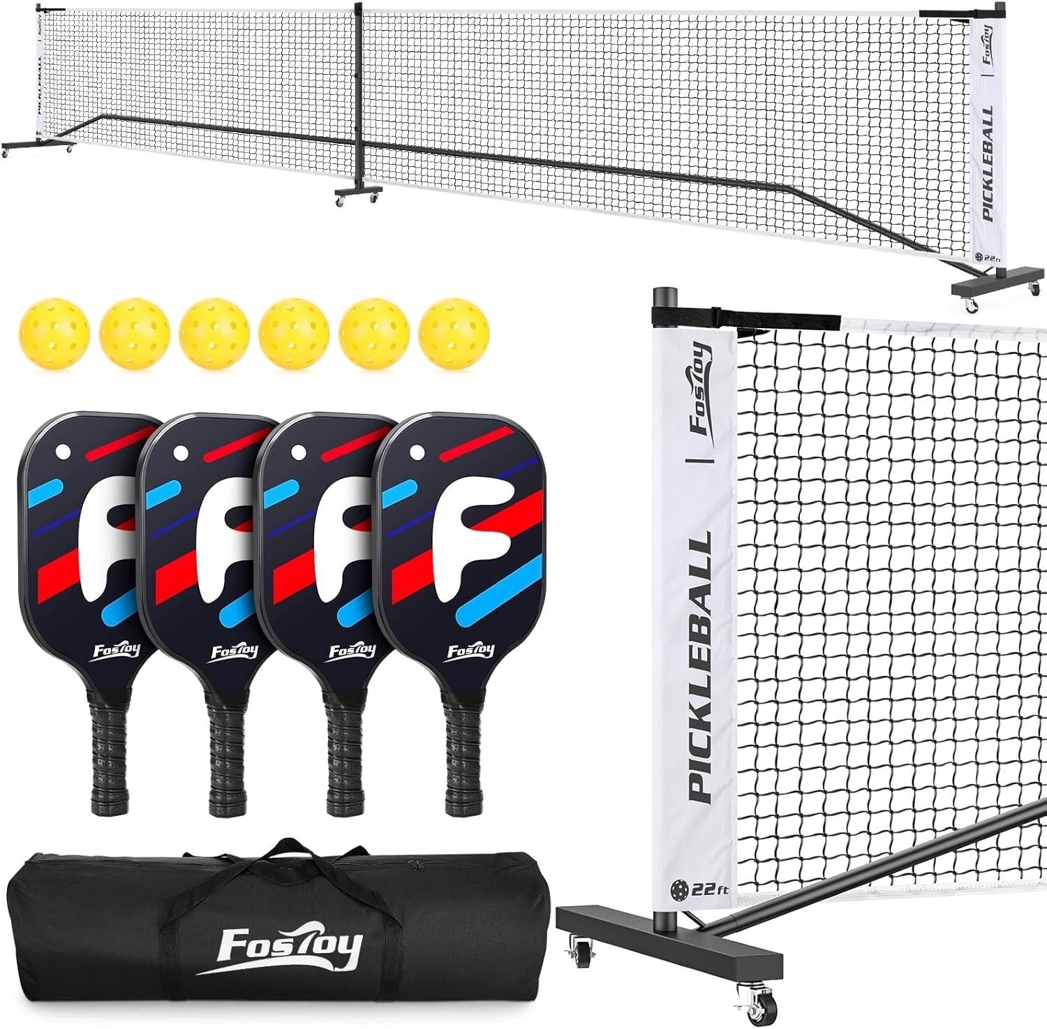 Fostoy Portable Pickleball Net Wheels 22ft 4 Paddles 6 Balls Carry Bag