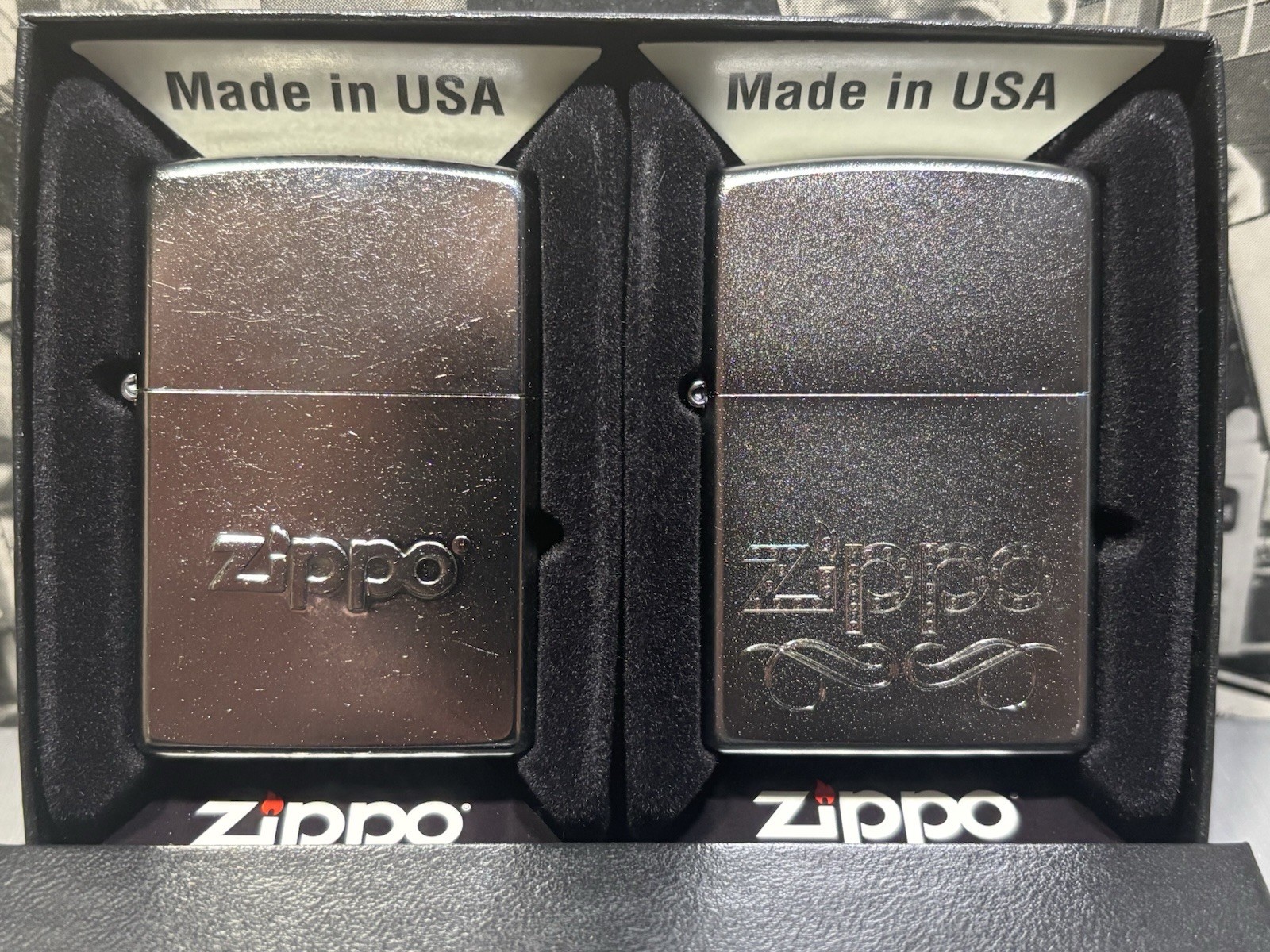 Zippo Collectors Set Of 2 Zippo Logo Lighters, Chrome New In Box