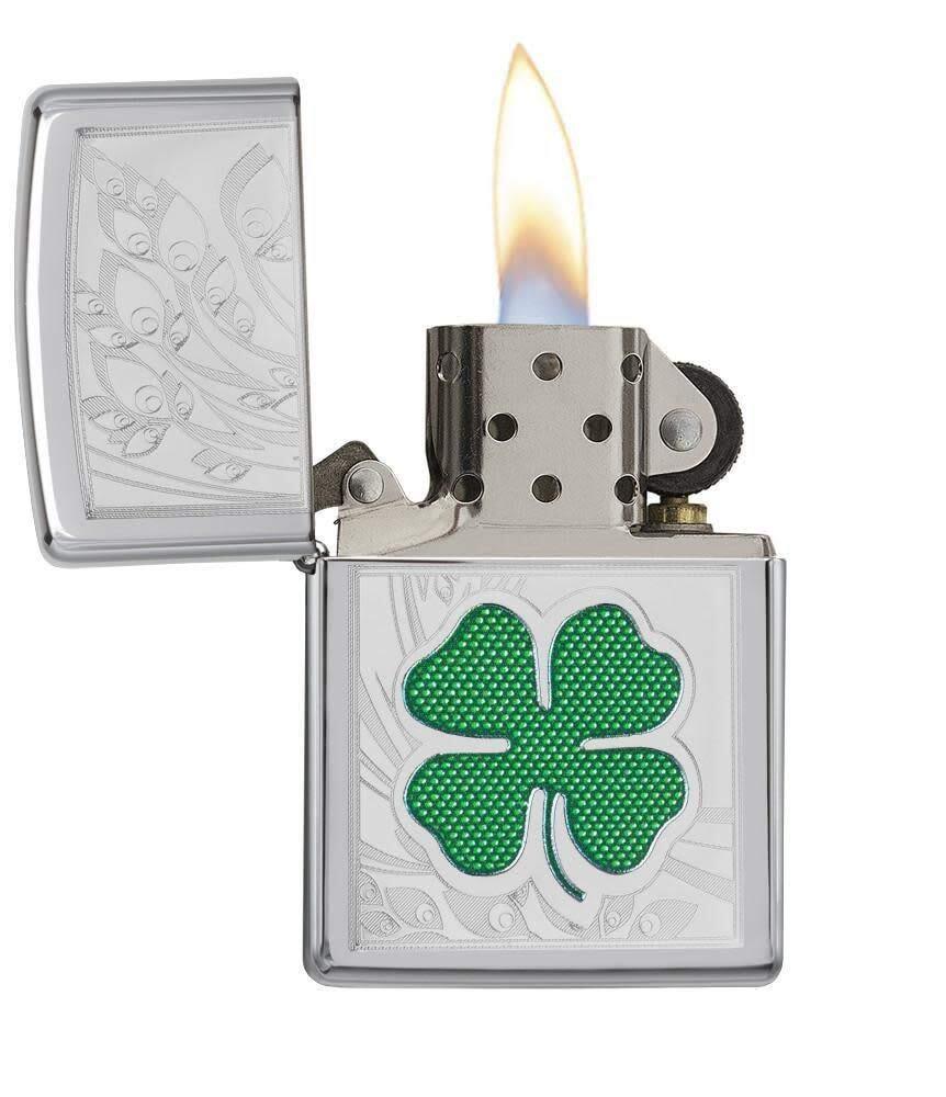 Genuine Zippo High Polish Chrome Clover Windproof Lighter Lifetime Warranty