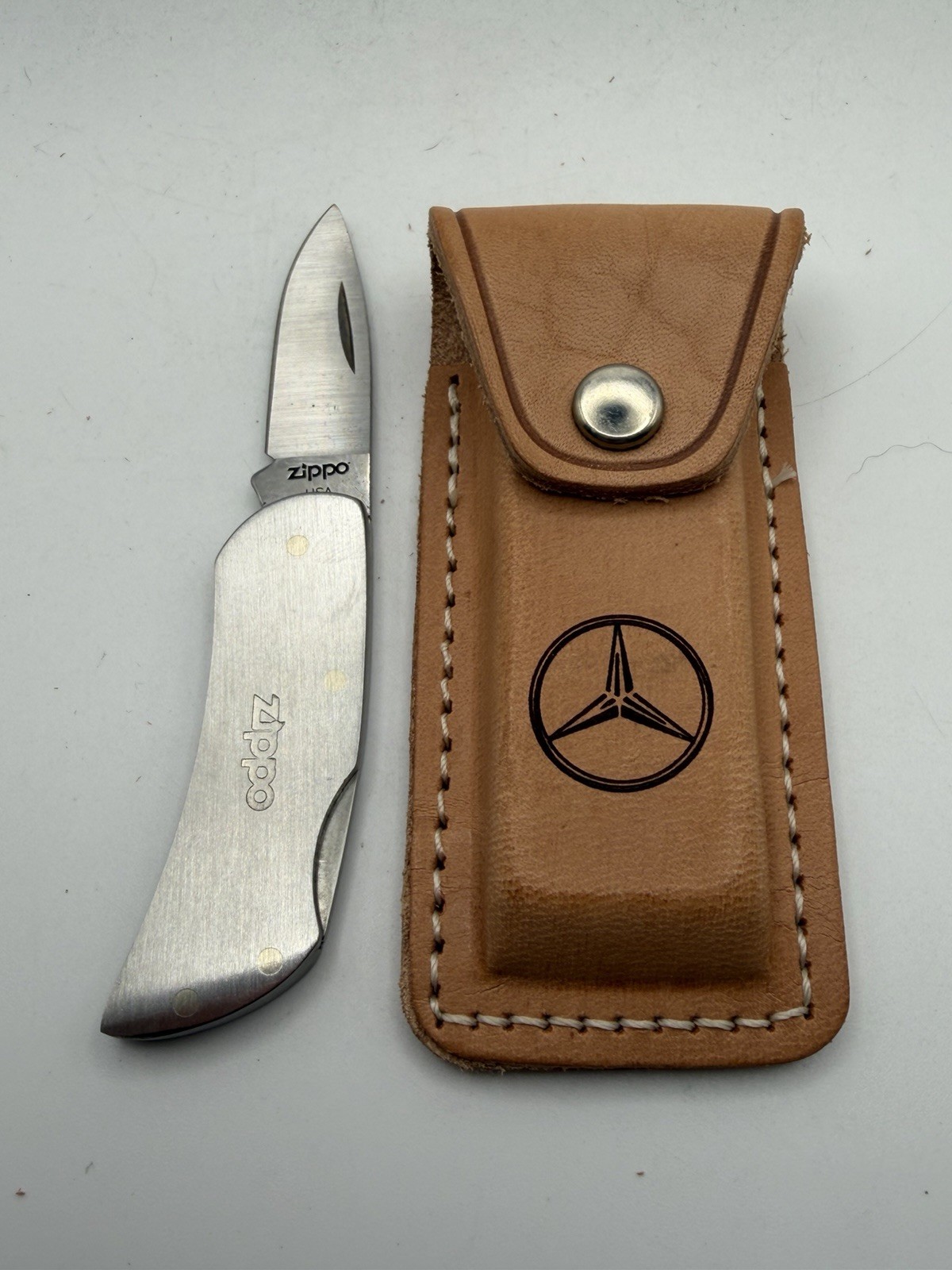 Mercedes Brown Leather Knife Belt Pouch & Zippo Stainless Steel Pocket Knife