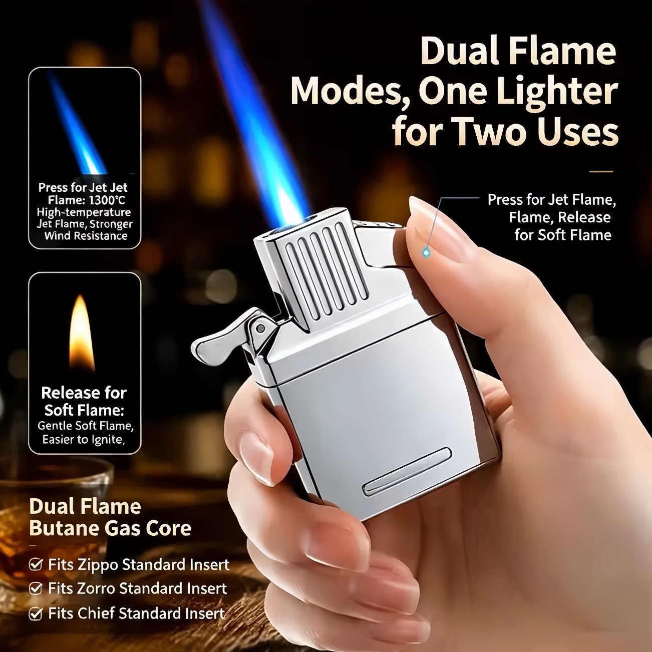 2-in-1 Jet Torch & Soft Flame Refillable Butane Lighter Insert For ZIPPO