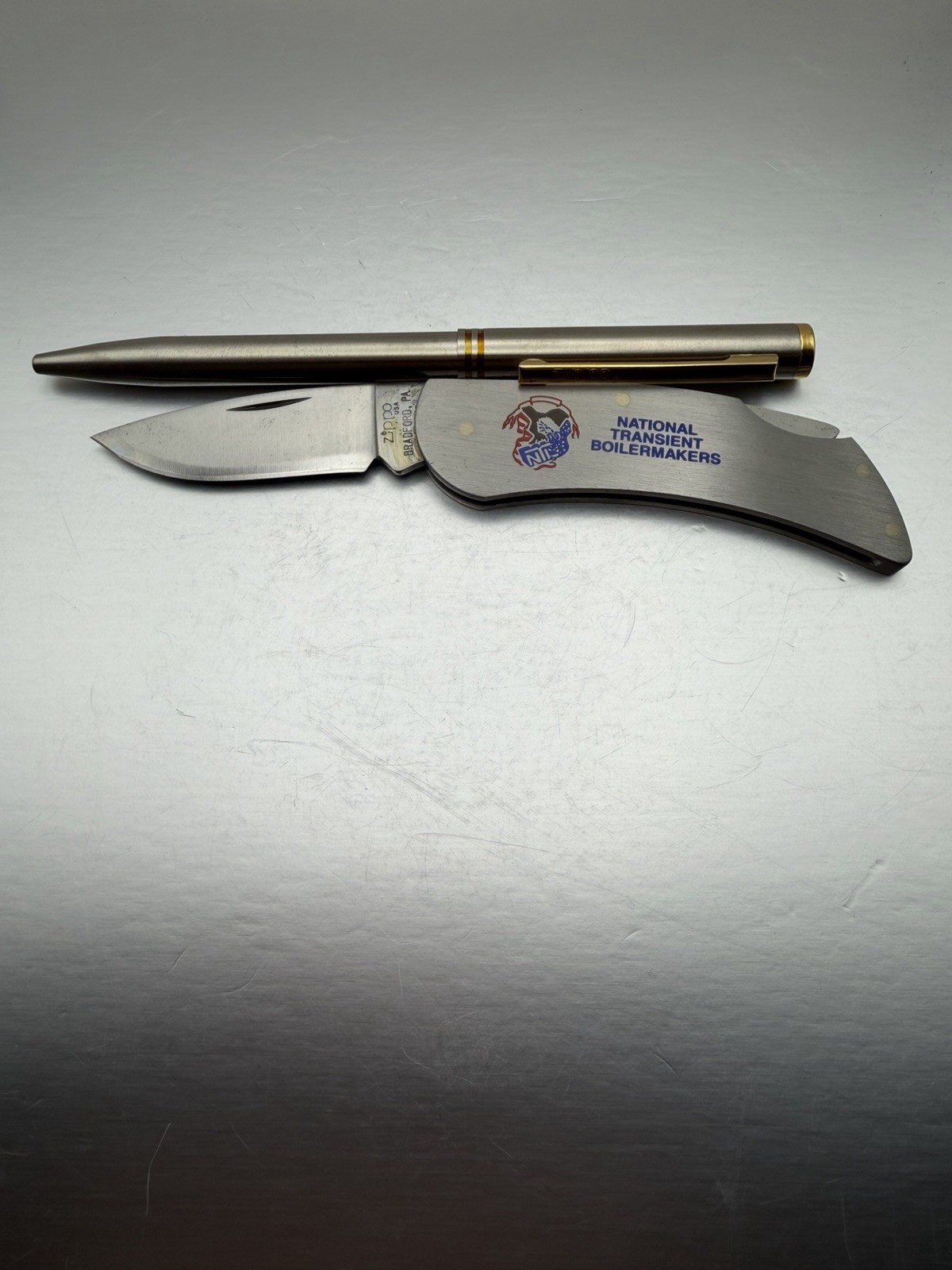 Vintage National Transit Boilmakers Advertising Zippo Pen & Pocket Knife Set New