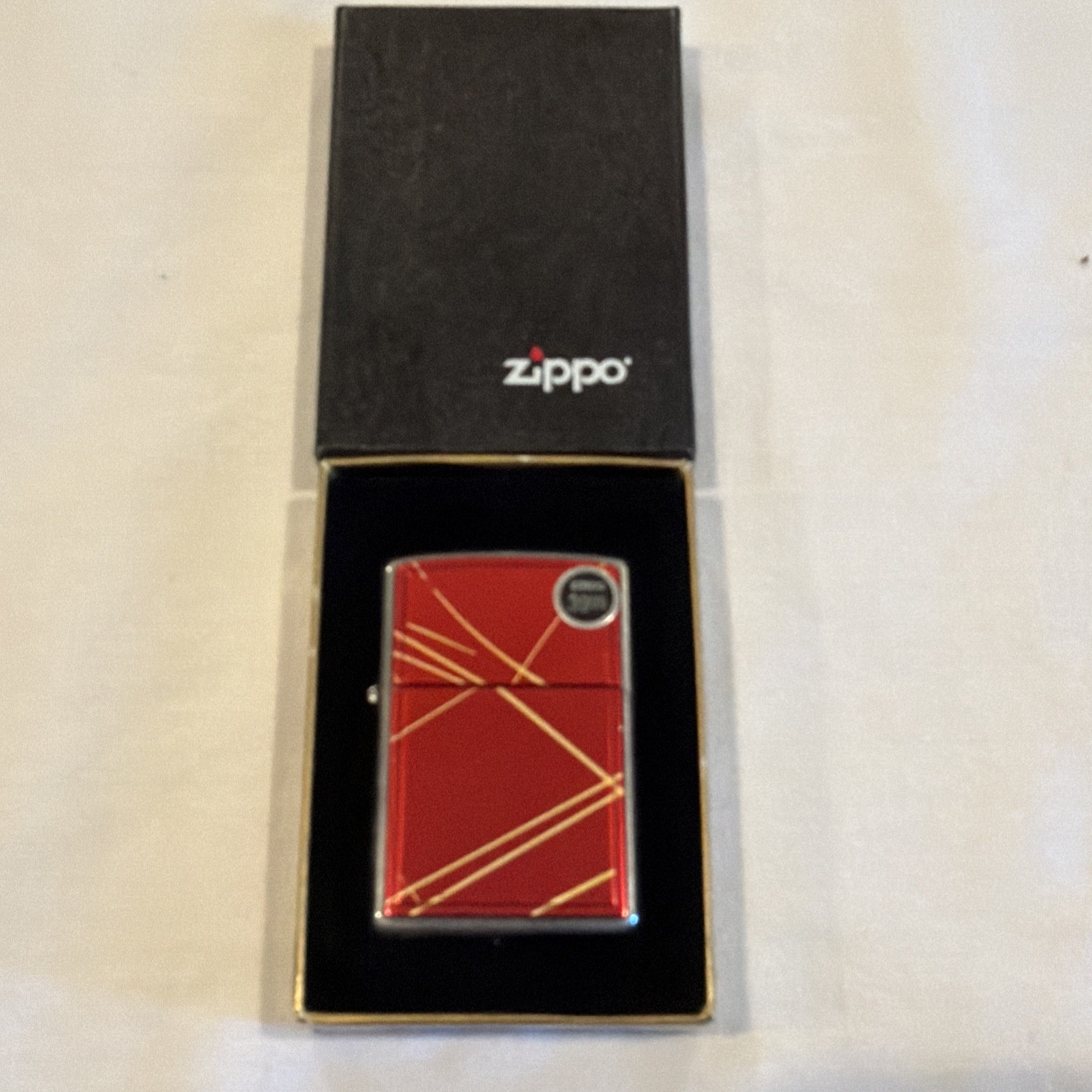 VINTAGE 2002 Zippo String Paint Lighter – Red & Gold Anodized Aluminum – MIB