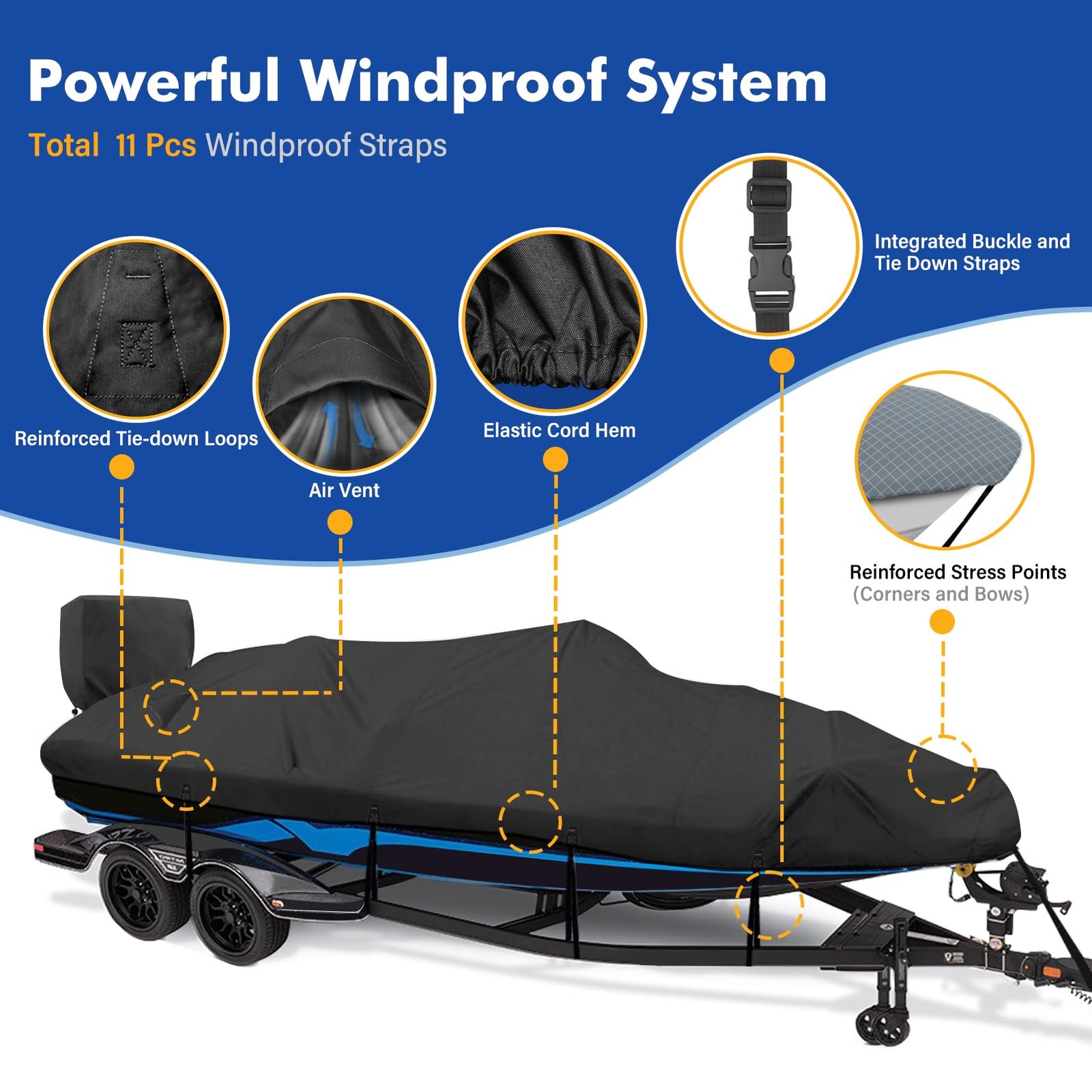 Boat Cover Waterproof 1200D Fits 14 -16 L x 68 Beam Black YimSting Heavy Duty