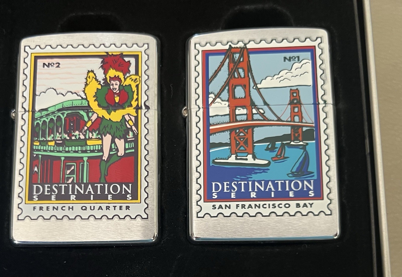 New Zippo Destination Series 4 Lighter Set SF New Orleans NYC Las Vegas Tin Box