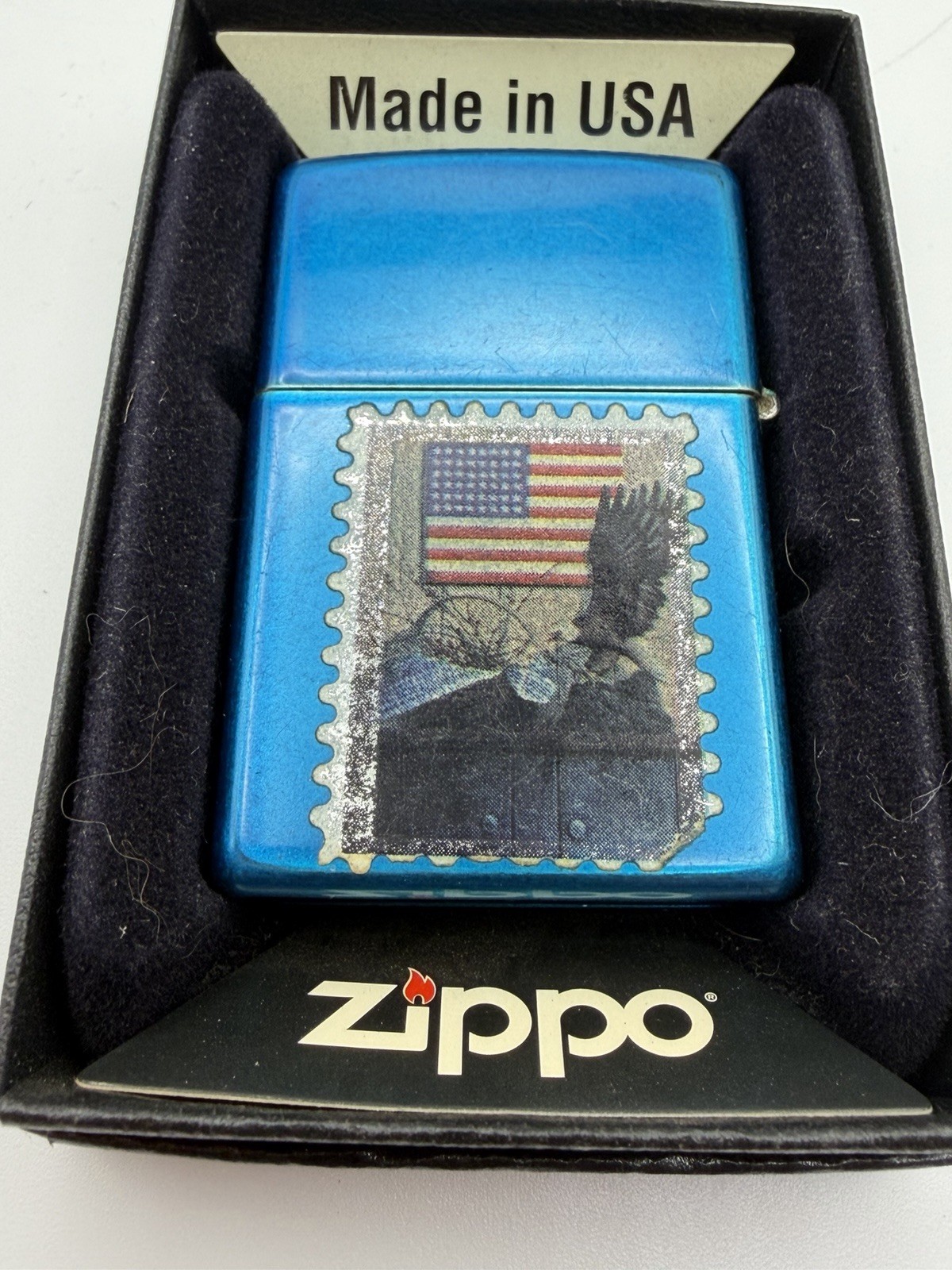 Vintage 2015 Eagle US Flag Stamp Cerulean Blue Zippo Lighter New