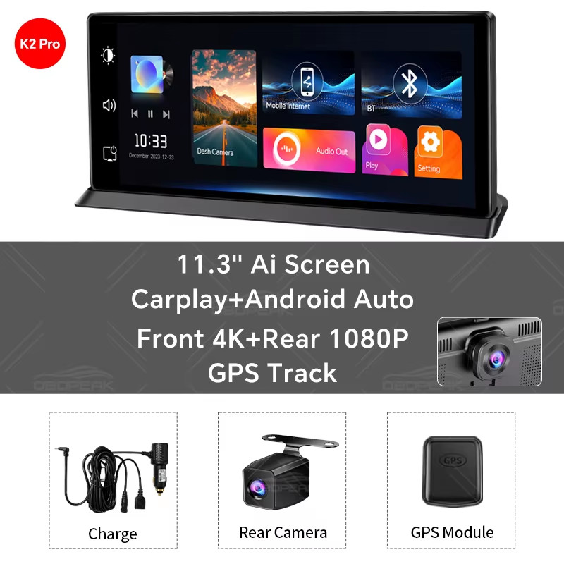 11.3 Inch K2 Pro Dash Cam 4K Carplay&Android Auto GPS Navigation Car DVR Audio D