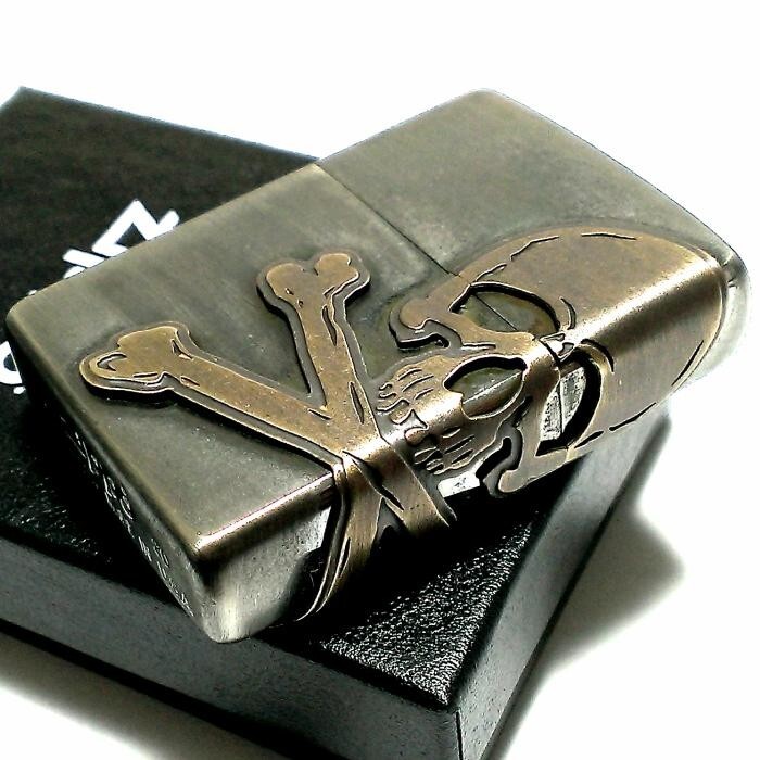Zippo Skull Metal Cross Bones 3 Sided Processing Antique Brass Lighter Japan