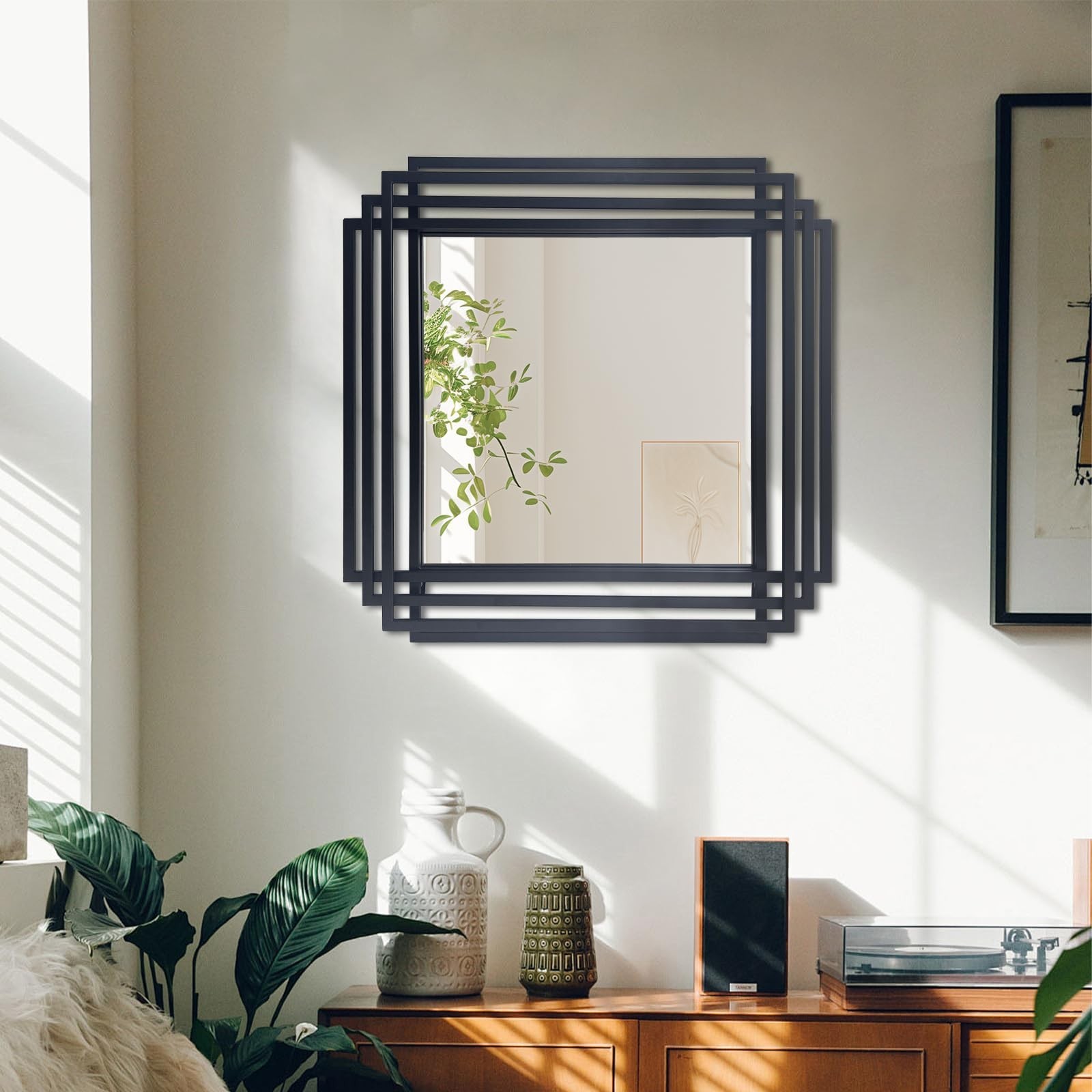 24″x24″ Square Decorative Wall Mirror with Black Metal Frame | Geometric Desi…