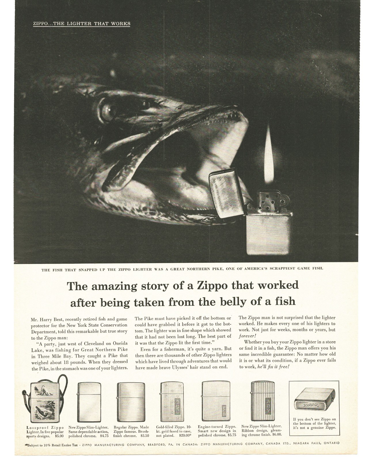 1960 Zippo Lighter Vintage Print Ad Amazing Fish Story Northern Pike Art