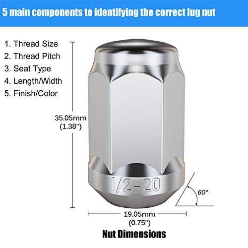 Chrome Wheel Lug Nuts 1/2 x 20, 1.38″ 3/4″ Hex Conical Replacement for Ford