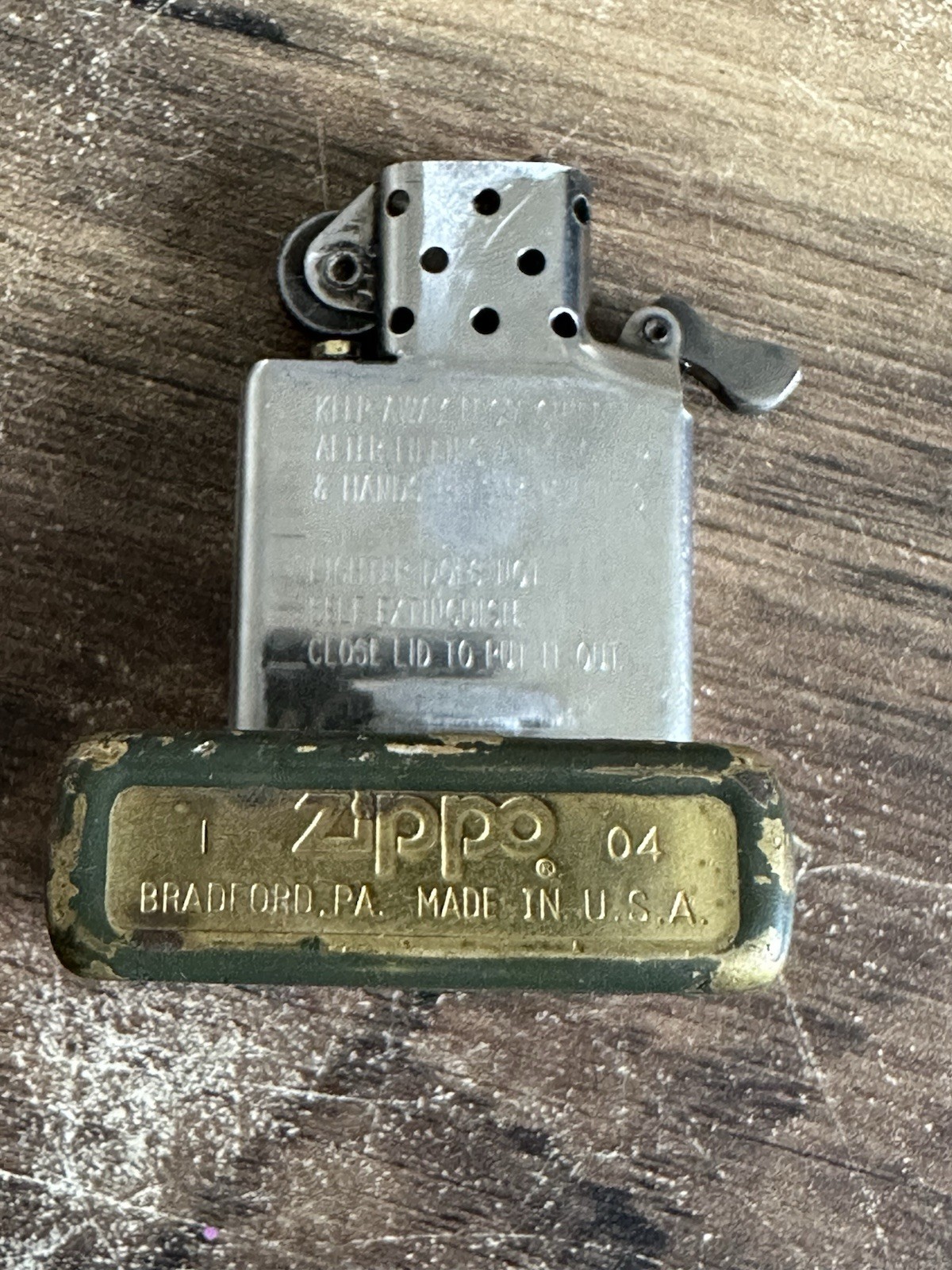 Vintage 2004 Zippo Lighter Olive Green/Khaki Distressed Finish with Brass Patina