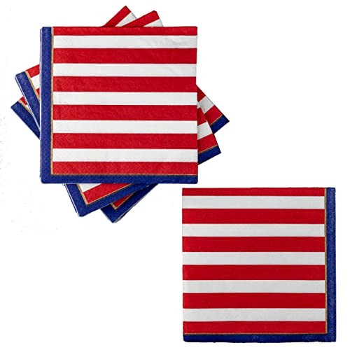 48-Count Patriotic Stripes Paper Napkins 6.5×6.5-Inch 2-Ply Red White Blue