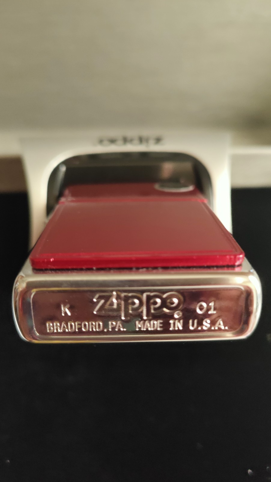 2001 ZIPPO Red Anodized Lighter. Anodized Aluminum In Brushed Chrome Finish.Mint