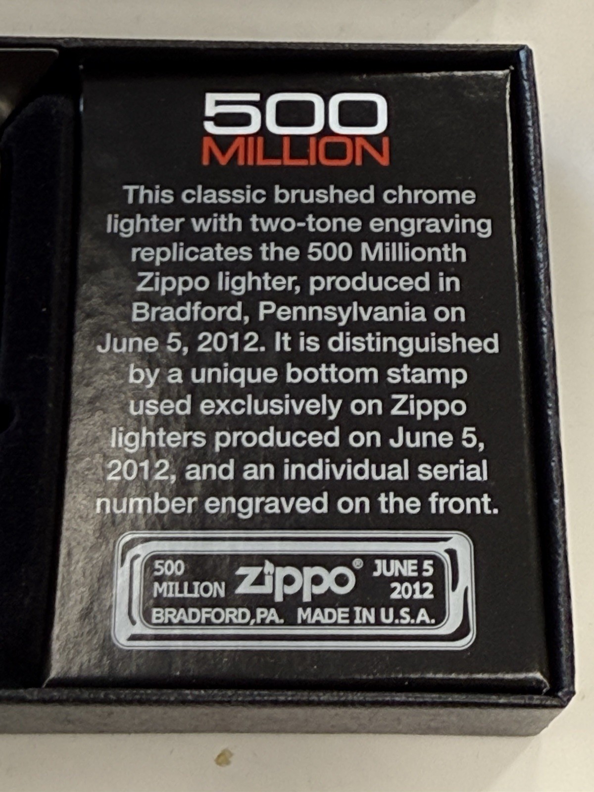 ZIPPO 2012 500 MILLION LIMITED EDITION BRUSHED CHROME LIGHTER SEALED IN BOX #648
