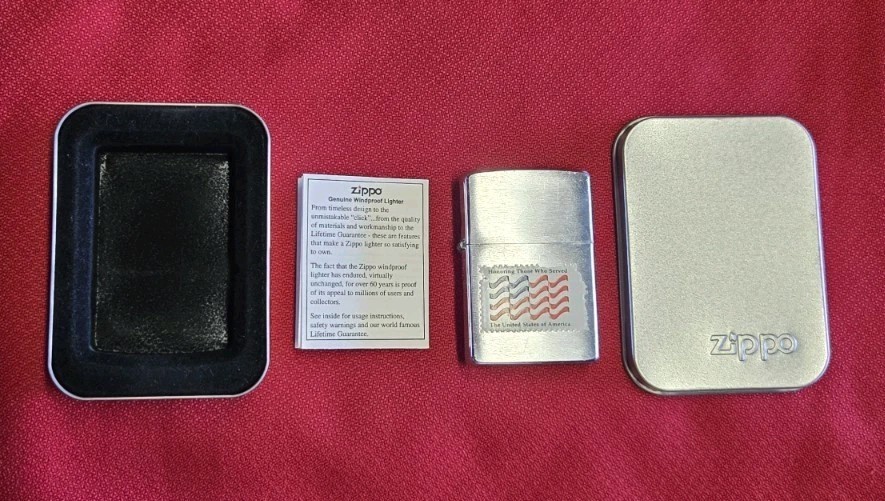 Zippo Lighter Honoring Those Who Served, US Flag, 2000, Used w Box, Good Cond.
