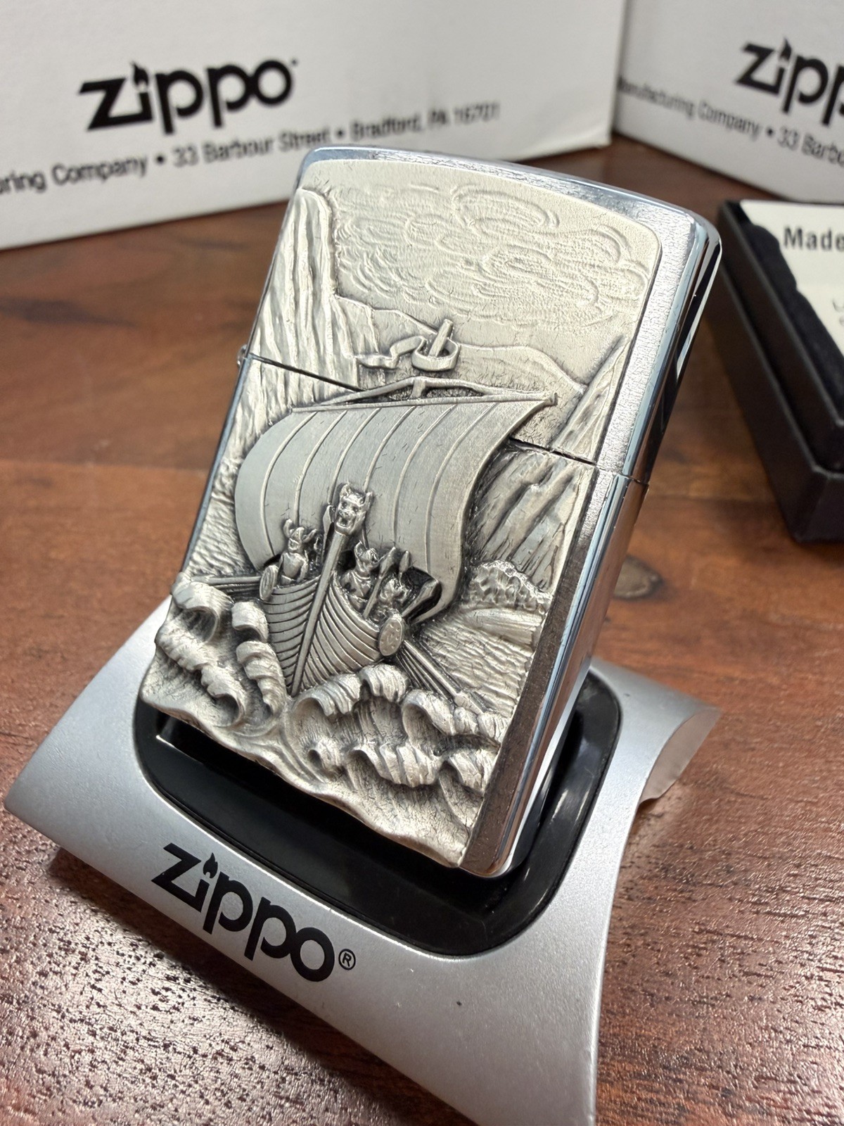 GENUINE Zippo Lighter VIKING SERIES SHIP FJORD Brushed Chrome 2007 NEW IN BOX