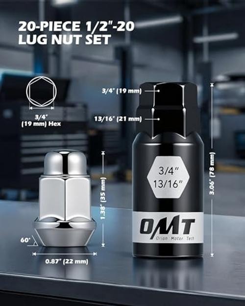 Lug Nuts with Cone Seat, 3/4″ 19mm Hex 1/2″-20 Silver 20Pcs 1.38″Long