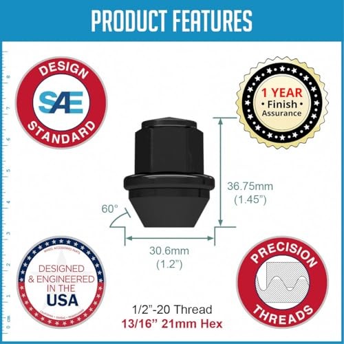 20 Pcs Thread OEM Style Lug Nuts 1.45″ Long 13/16″ 1/2″-20 Black Factory Style