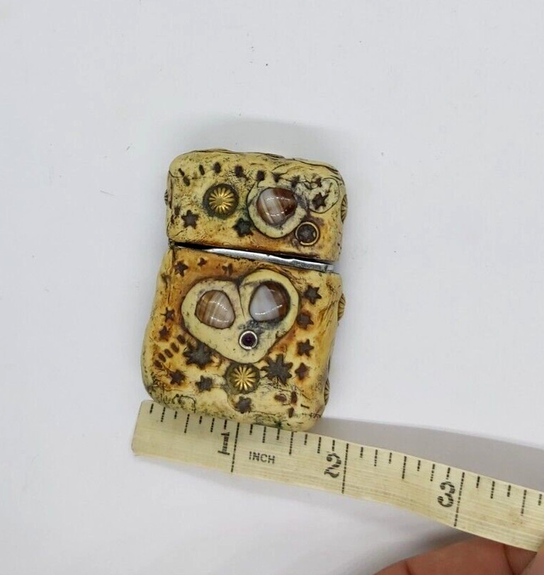 Ancient African Zippo Lighter With Bone Case Decorated Enamel Brass & Seashell