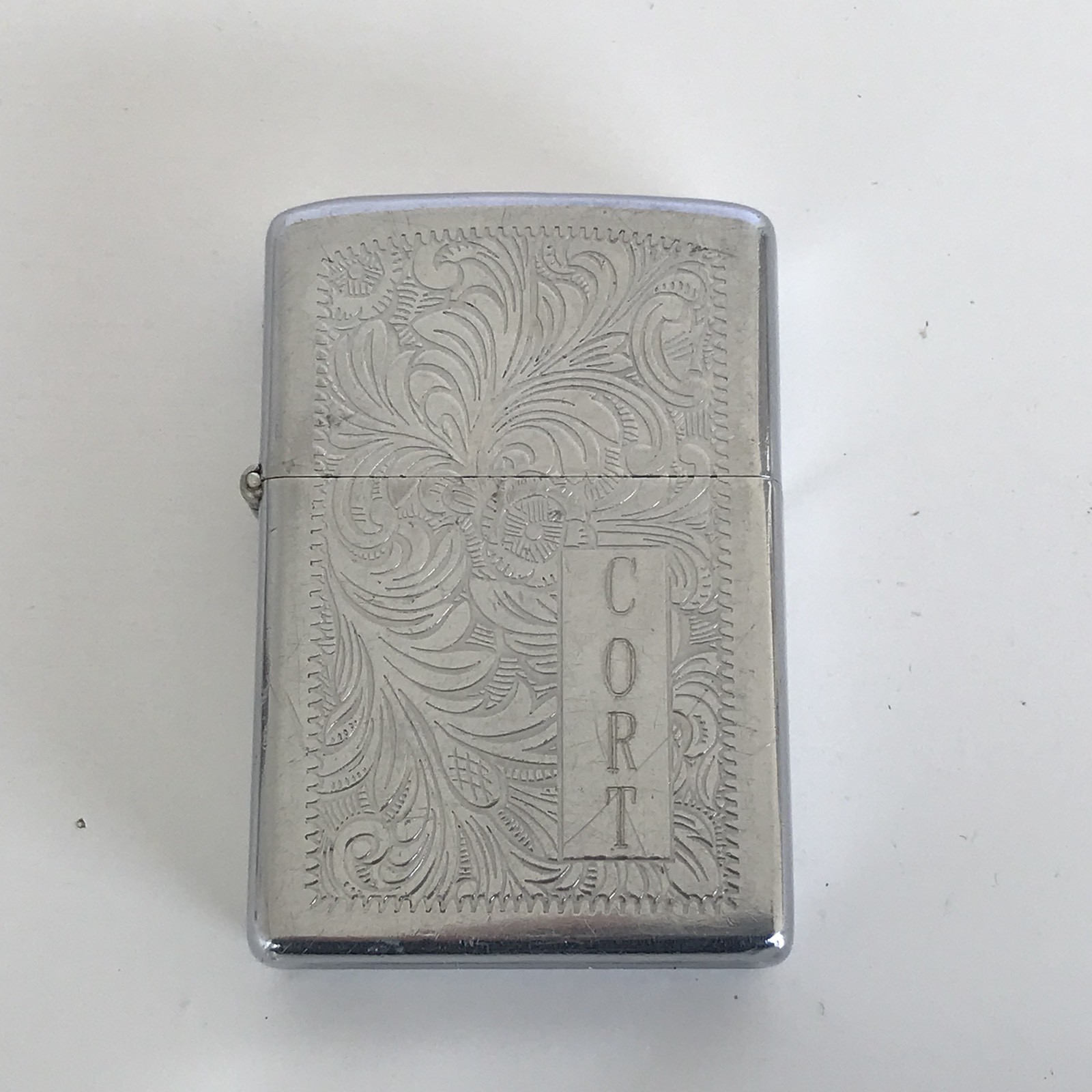 Vintage 1990s Zippo Scrolled Chrome Lighter Monogramed CORT 2 1/4″ X 1 1/2″