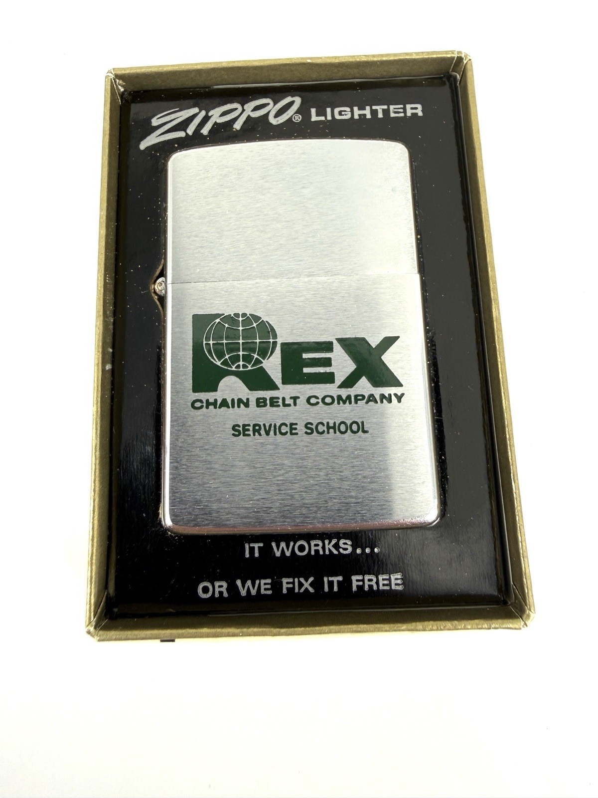Vintage 1960’s-70’s Zippo Lighter with Rex Chain Belt Co. Logo New In Box