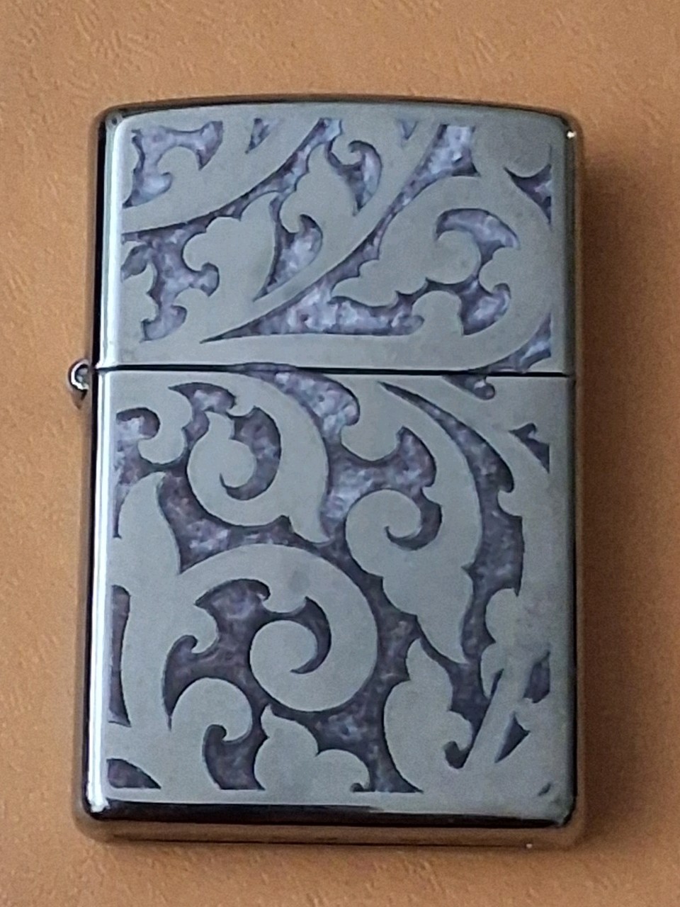 ZIPPO Lighter Struck once or twice Silver Tone Engraved Pearlized look