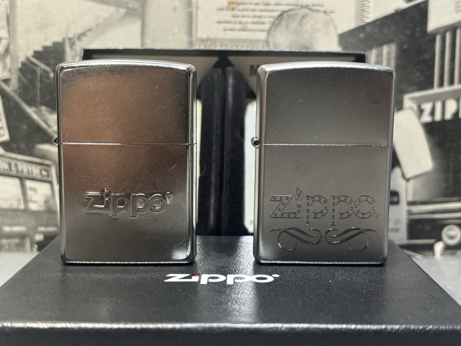 Zippo Collectors Set Of 2 Zippo Logo Lighters, Chrome New In Box