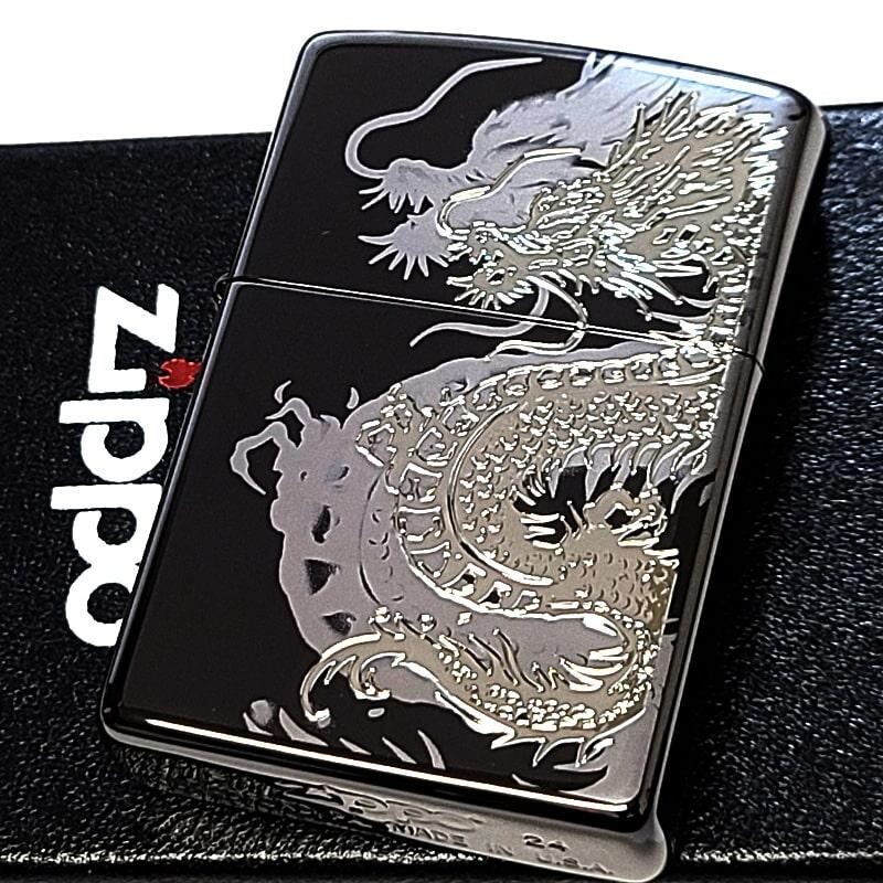 Zippo Dragon Etching Laser Engraving Black Nickel & Silver Regular Lighter Japan