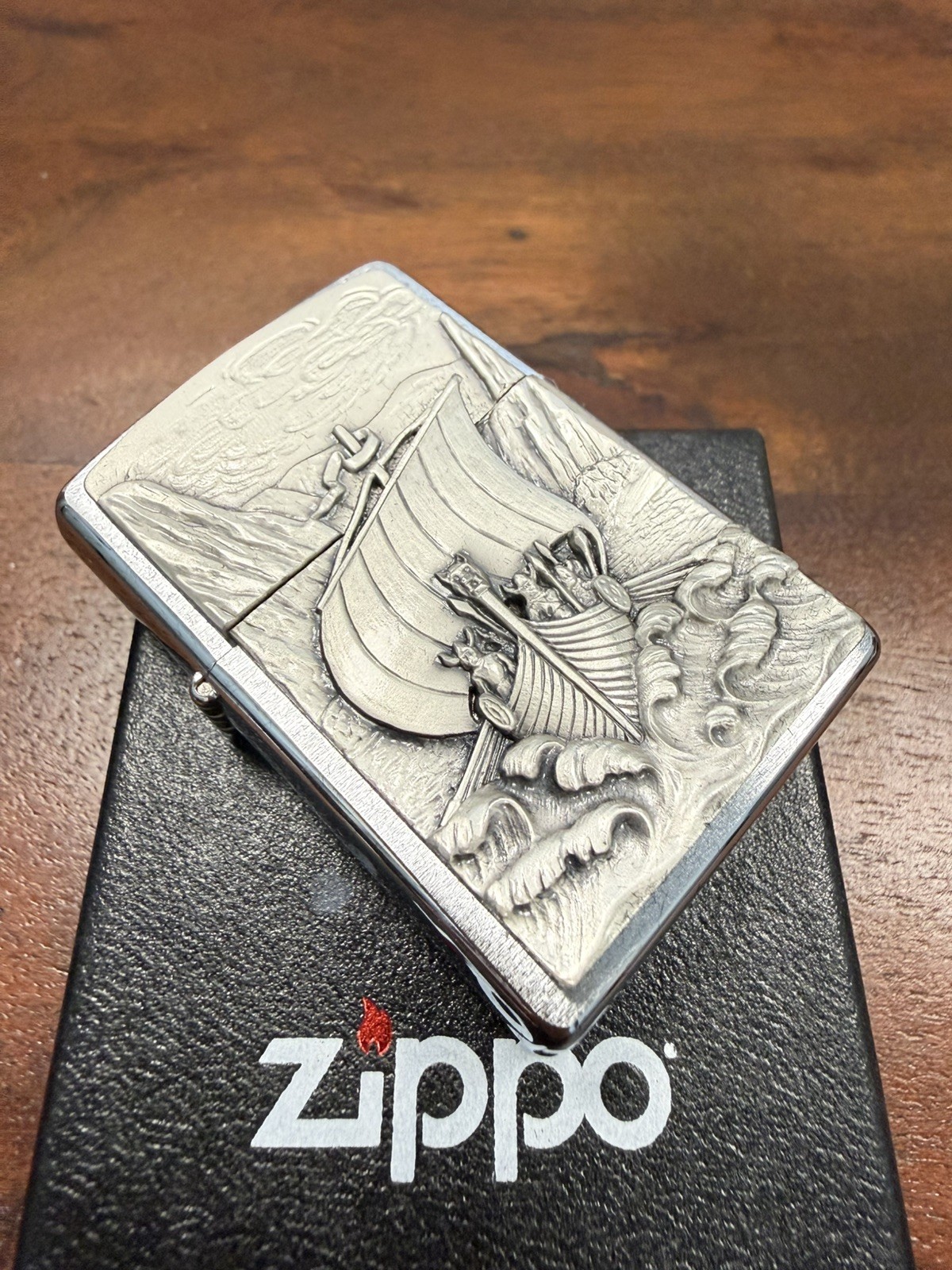 GENUINE Zippo Lighter VIKING SERIES SHIP FJORD Brushed Chrome 2007 NEW IN BOX