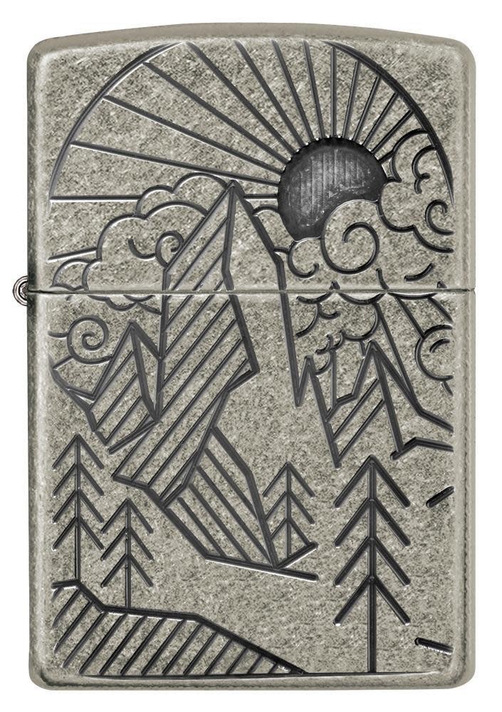 Zippo Armor® Antique Silver Mountain Design Windproof Pocket Lighter, 28973-0…